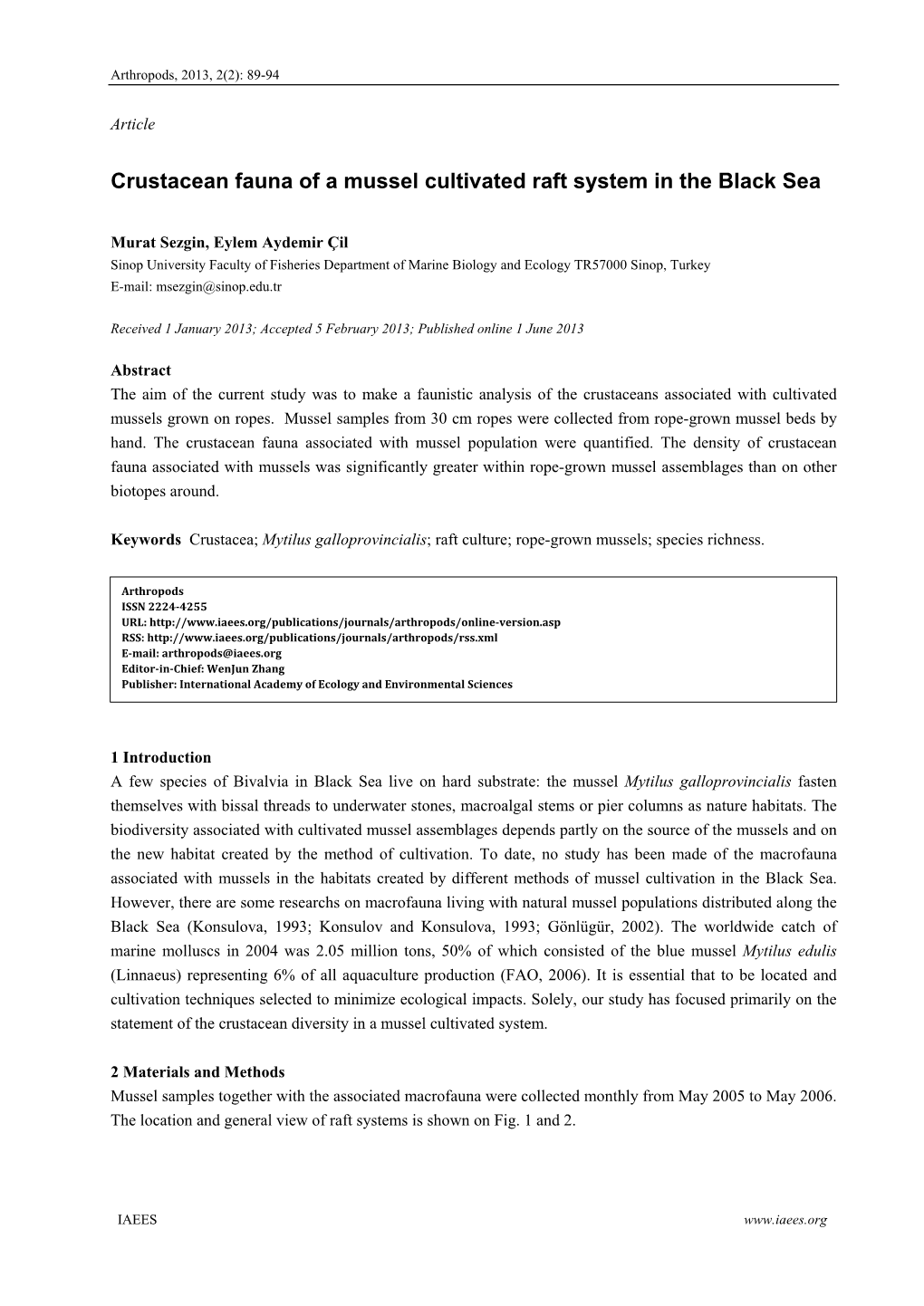 Crustacean Fauna of a Mussel Cultivated Raft System in the Black Sea