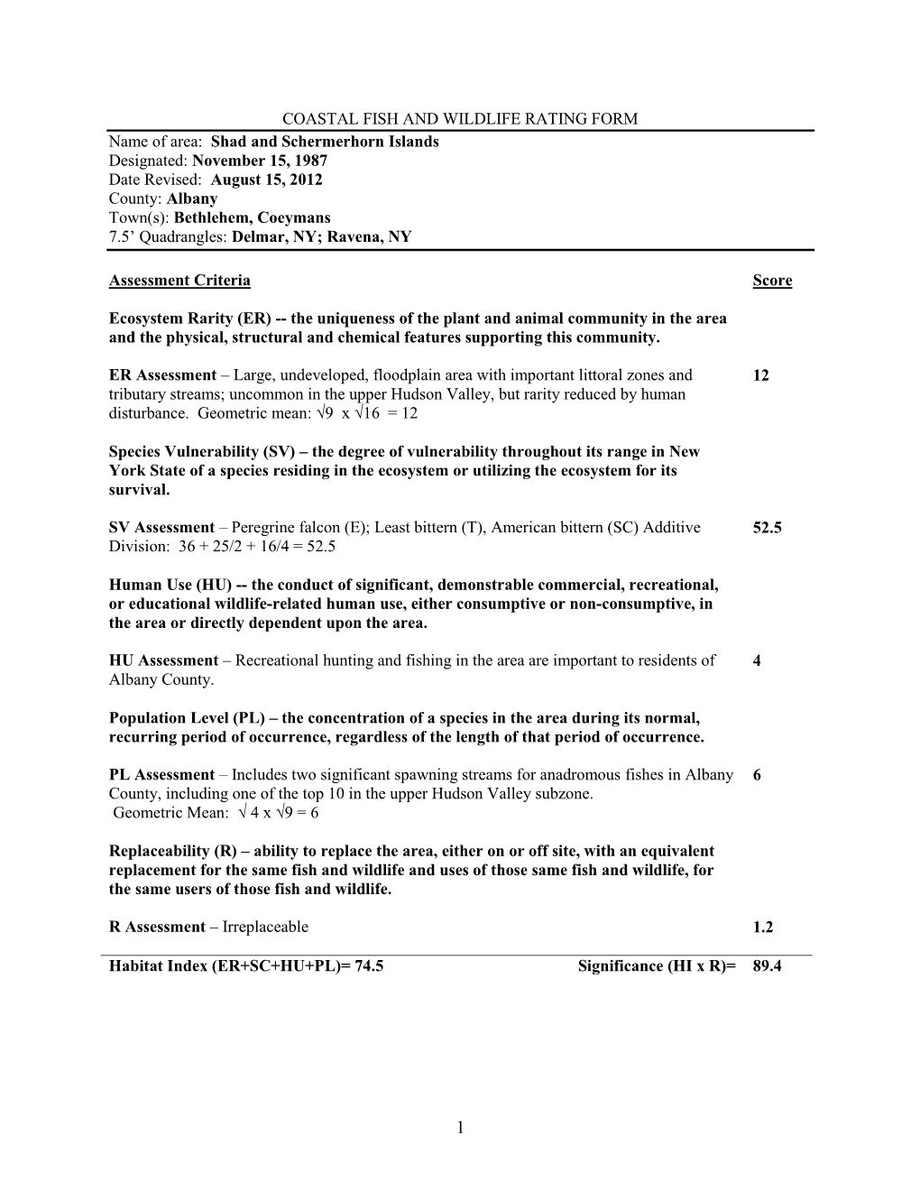 Coastal Fish and Wildlife Rating Form