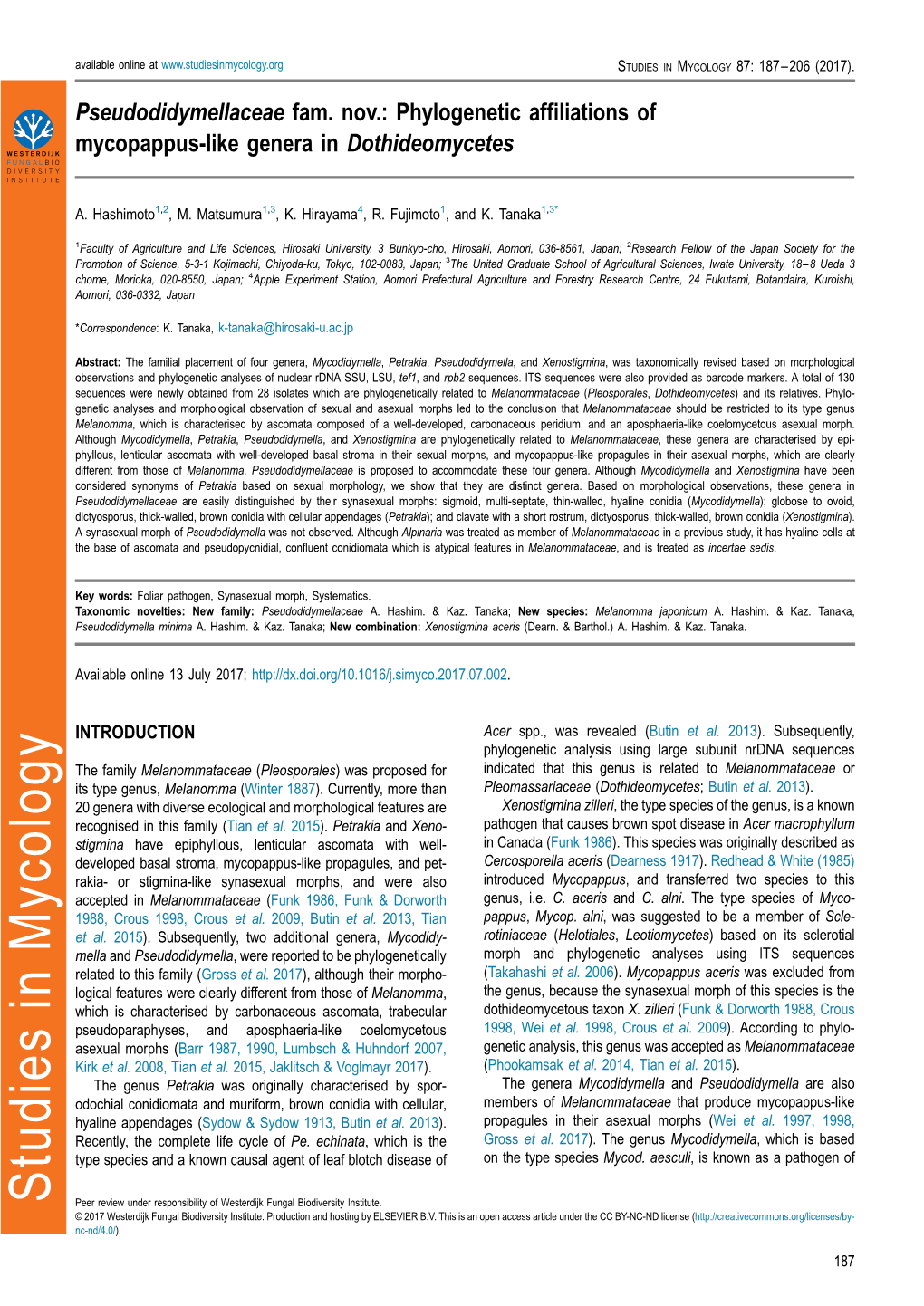 Pseudodidymellaceae Fam. Nov.: Phylogenetic Affiliations Of