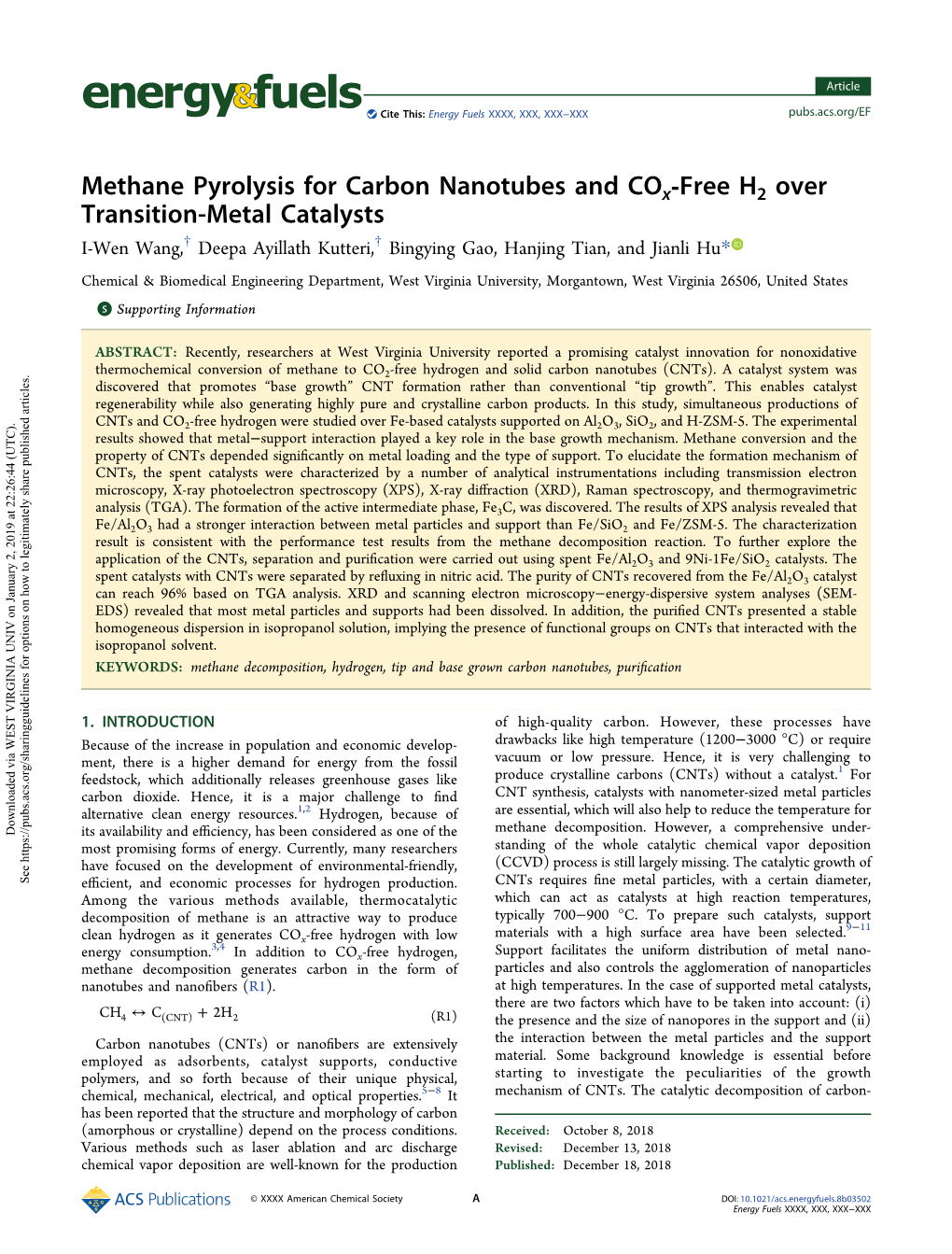 Methane Pyrolysis for Carbon Nanotubes and Cox‑Free H2 Over