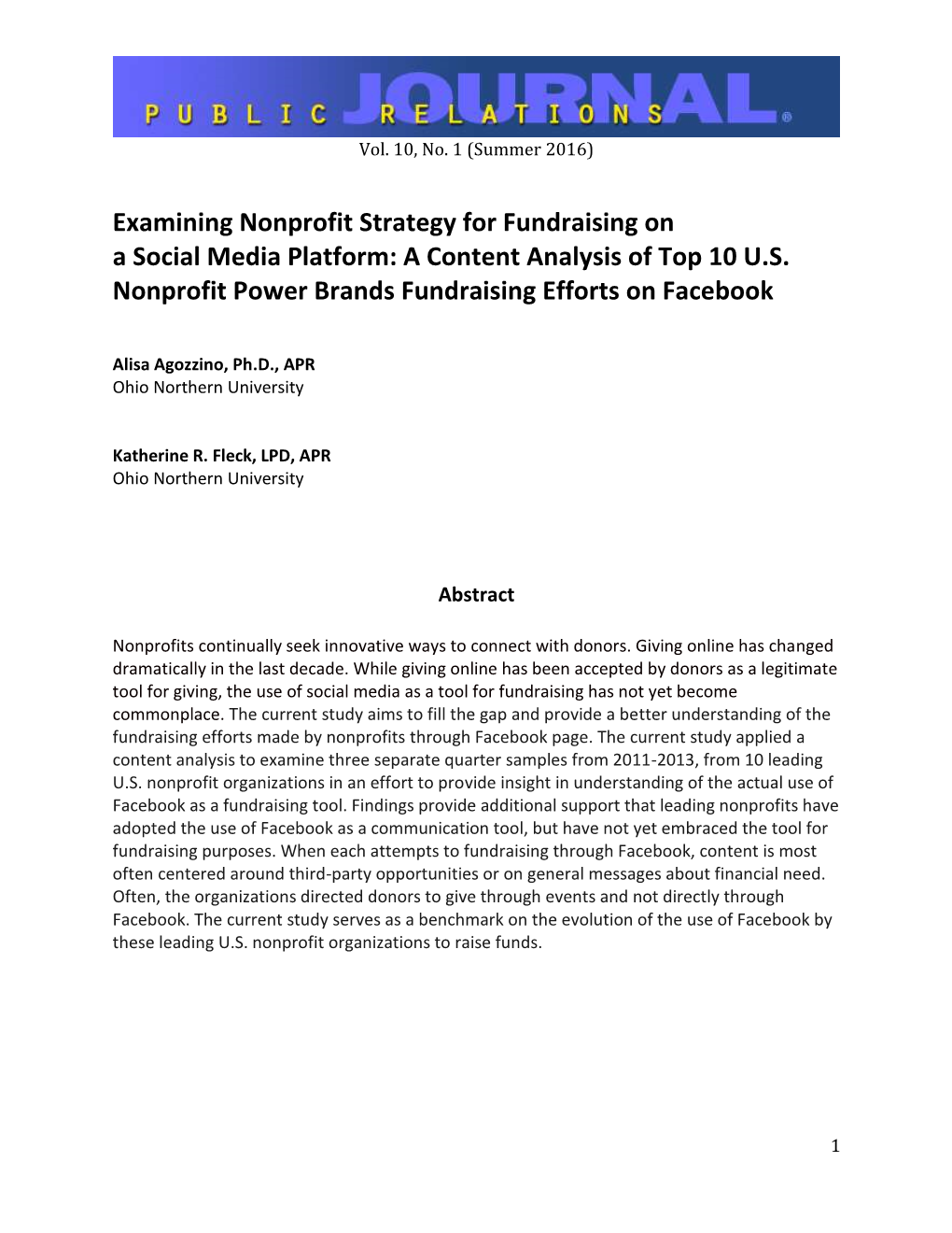 Examining Nonprofit Strategy for Fundraising on a Social Media Platform: a Content Analysis of Top 10 U.S