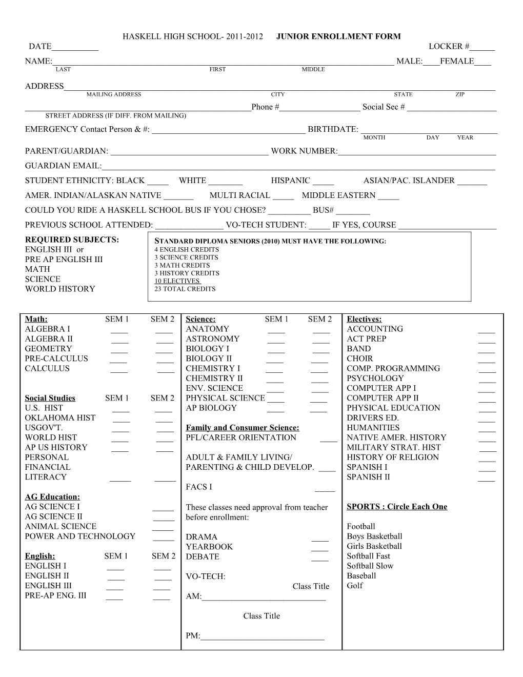 Junior Enrollment Form