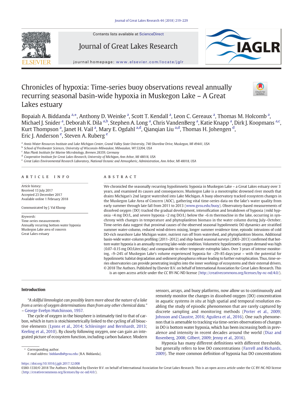 Chronicles of Hypoxia: Time-Series Buoy Observations Reveal Annually Recurring Seasonal Basin-Wide Hypoxia in Muskegon Lake – Agreat Lakes Estuary