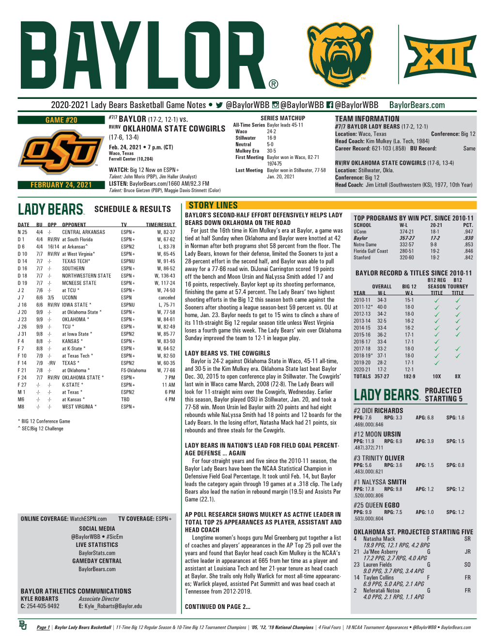 2020-2021 Lady Bears Basketball Game Notes • @Baylorwbb @Baylorwbb @Baylorwbb Baylorbears.Com GAME #20 #7/7 BAYLOR (17-2, 12-1) Vs