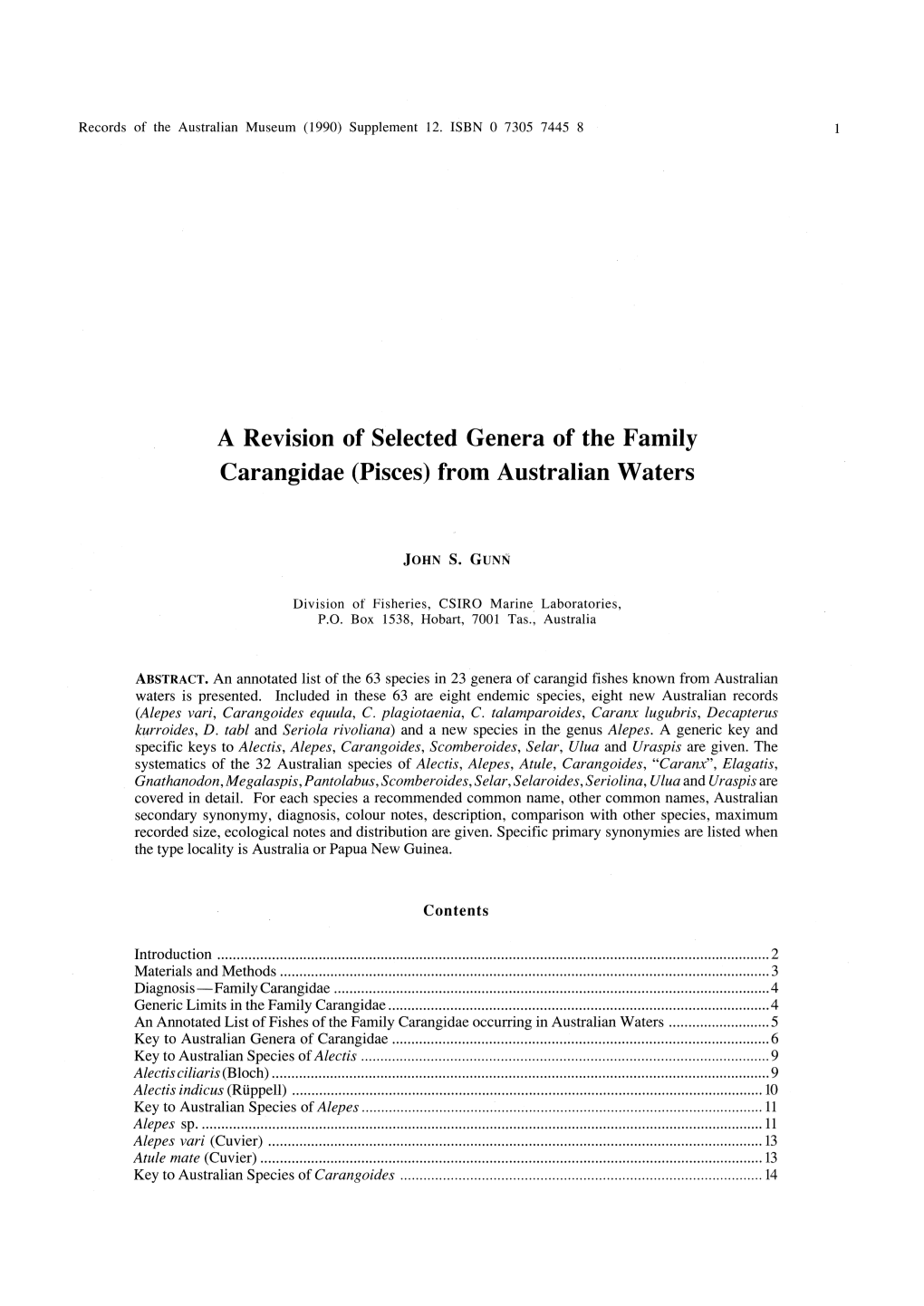 A Revision of Selected Genera of the Family Carangidae (Pisces) from Australian Waters