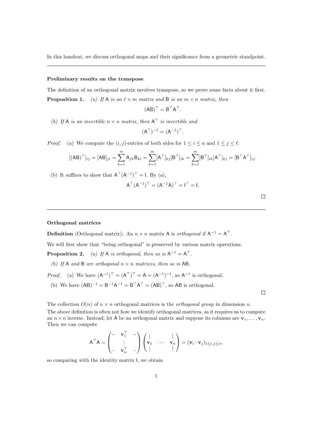 In This Handout, We Discuss Orthogonal Maps and Their Significance from A