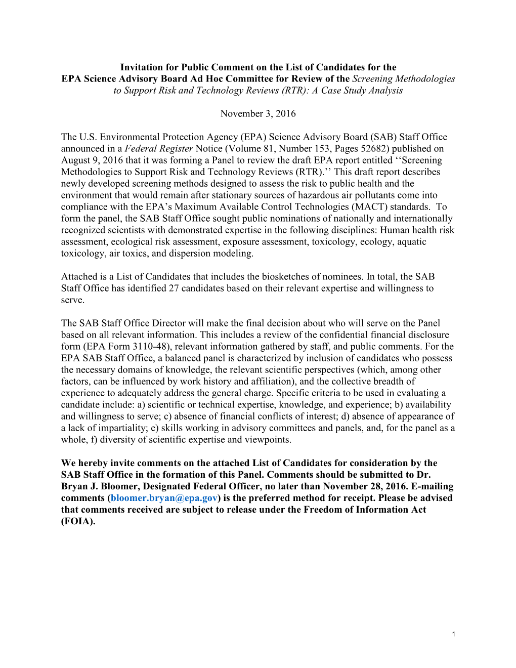 EPA Science Advisory Board Ad Hoc Committee for Review of the Screening Methodologies to Support Risk and Technology Reviews (RTR): a Case Study Analysis