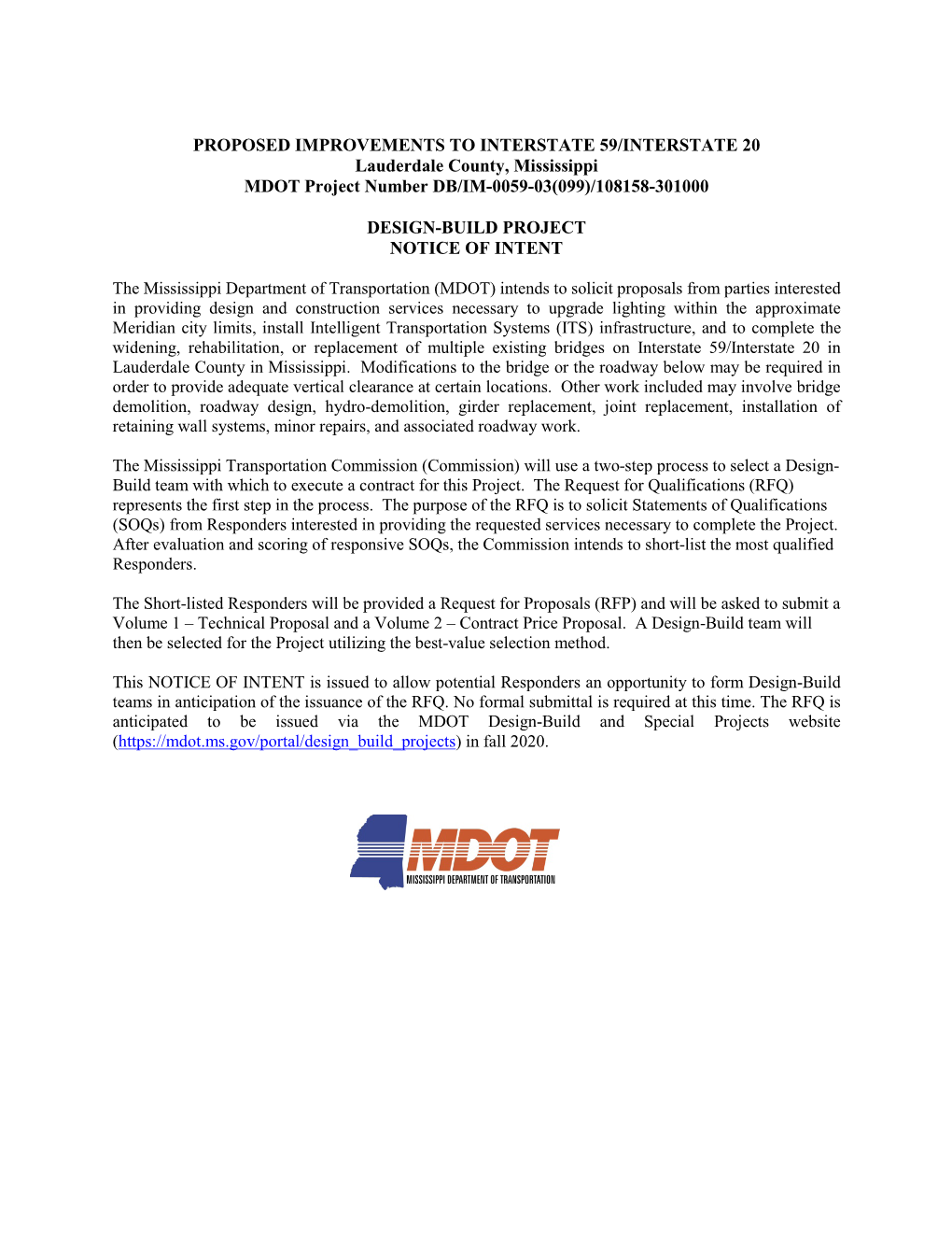 PROPOSED IMPROVEMENTS to INTERSTATE 59/INTERSTATE 20 Lauderdale County, Mississippi MDOT Project Number DB/IM-0059-03(099)/108158-301000