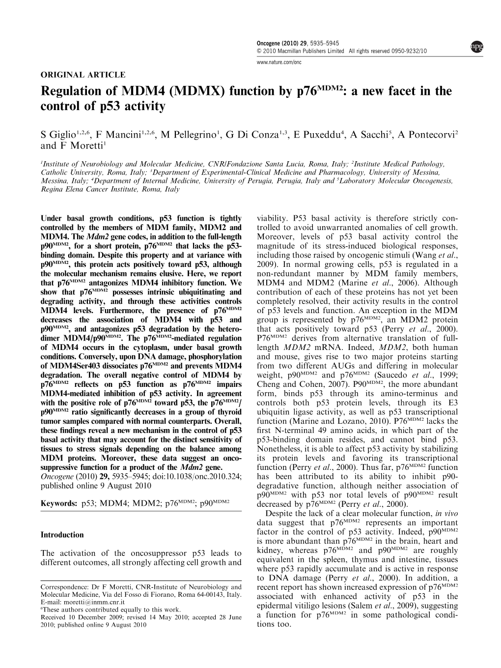 Regulation of MDM4 (MDMX) Function by P76mdm2: a New Facet in the Control of P53 Activity