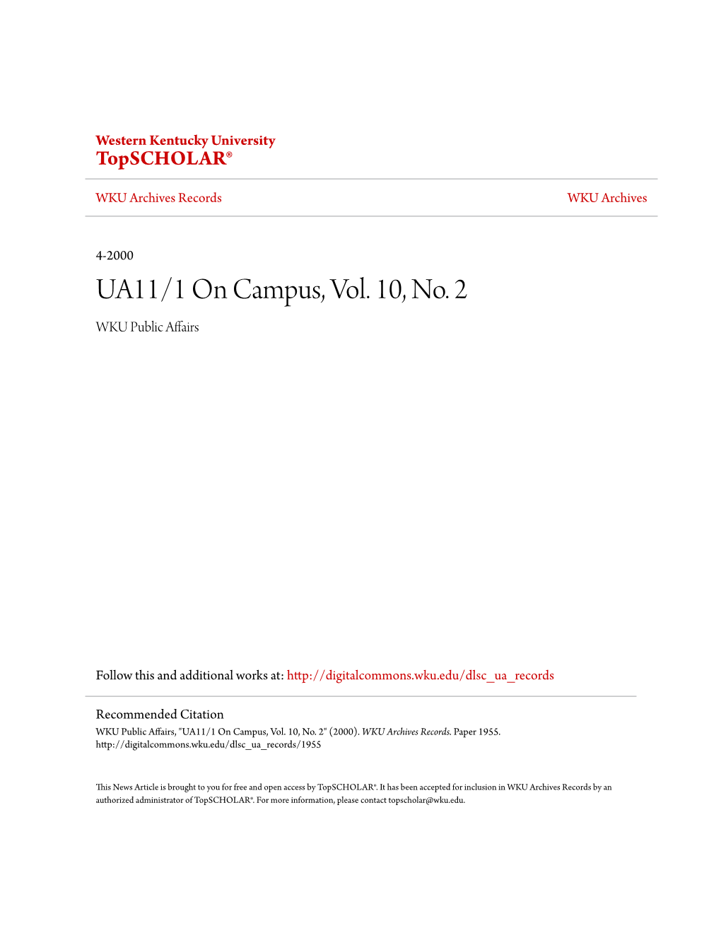 UA11/1 on Campus, Vol. 10, No. 2 WKU Public Affairs