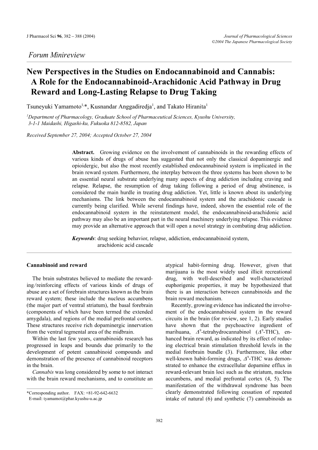 A Role for the Endocannabinoid-Arachidonic Acid Pathway in Drug Reward and Long-Lasting Relapse to Drug Taking