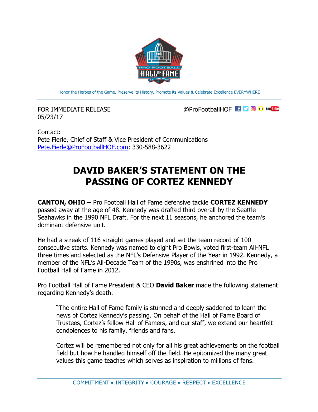 David Baker's Statement on the Passing of Cortez Kennedy