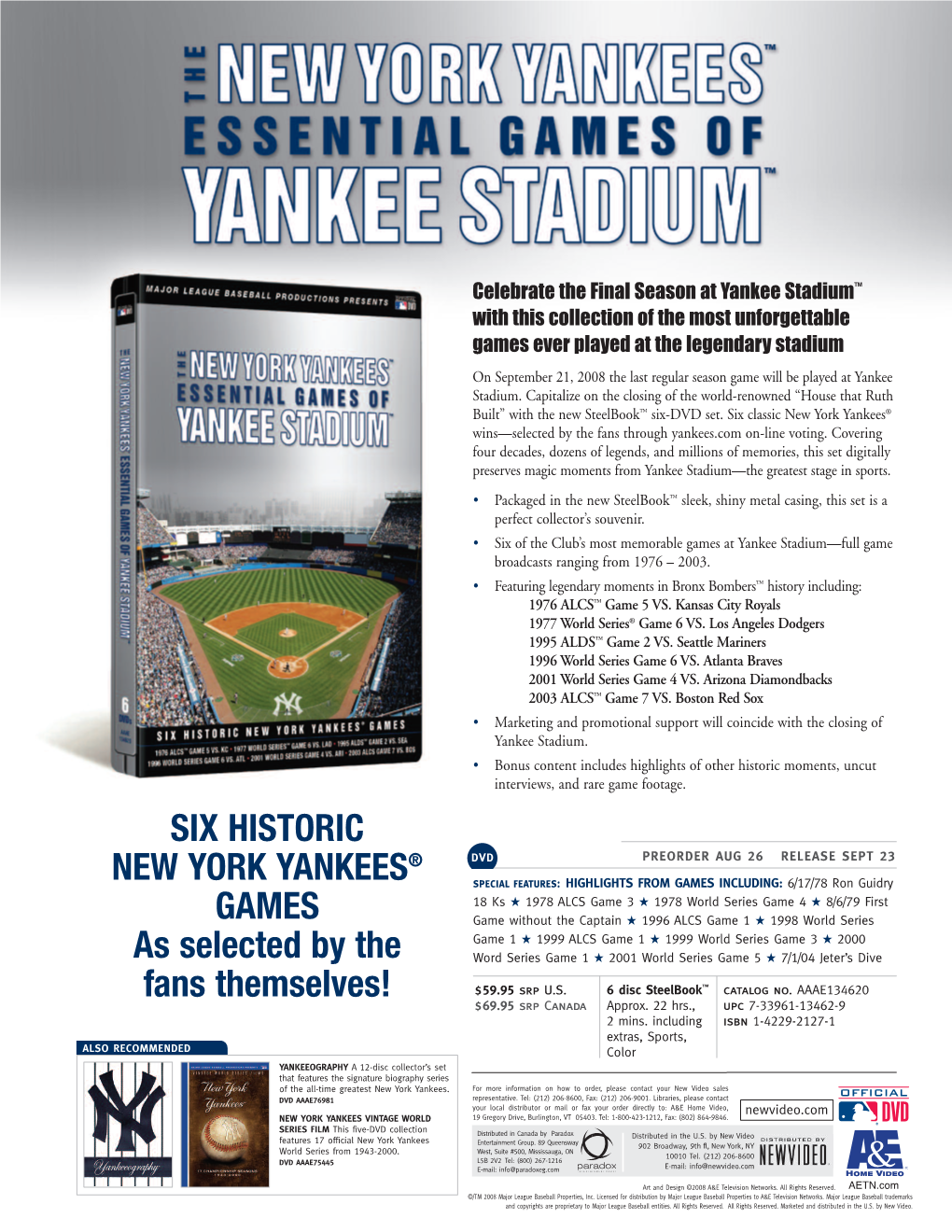 SIX HISTORIC NEW YORK YANKEES® GAMES As Selected by the Fans