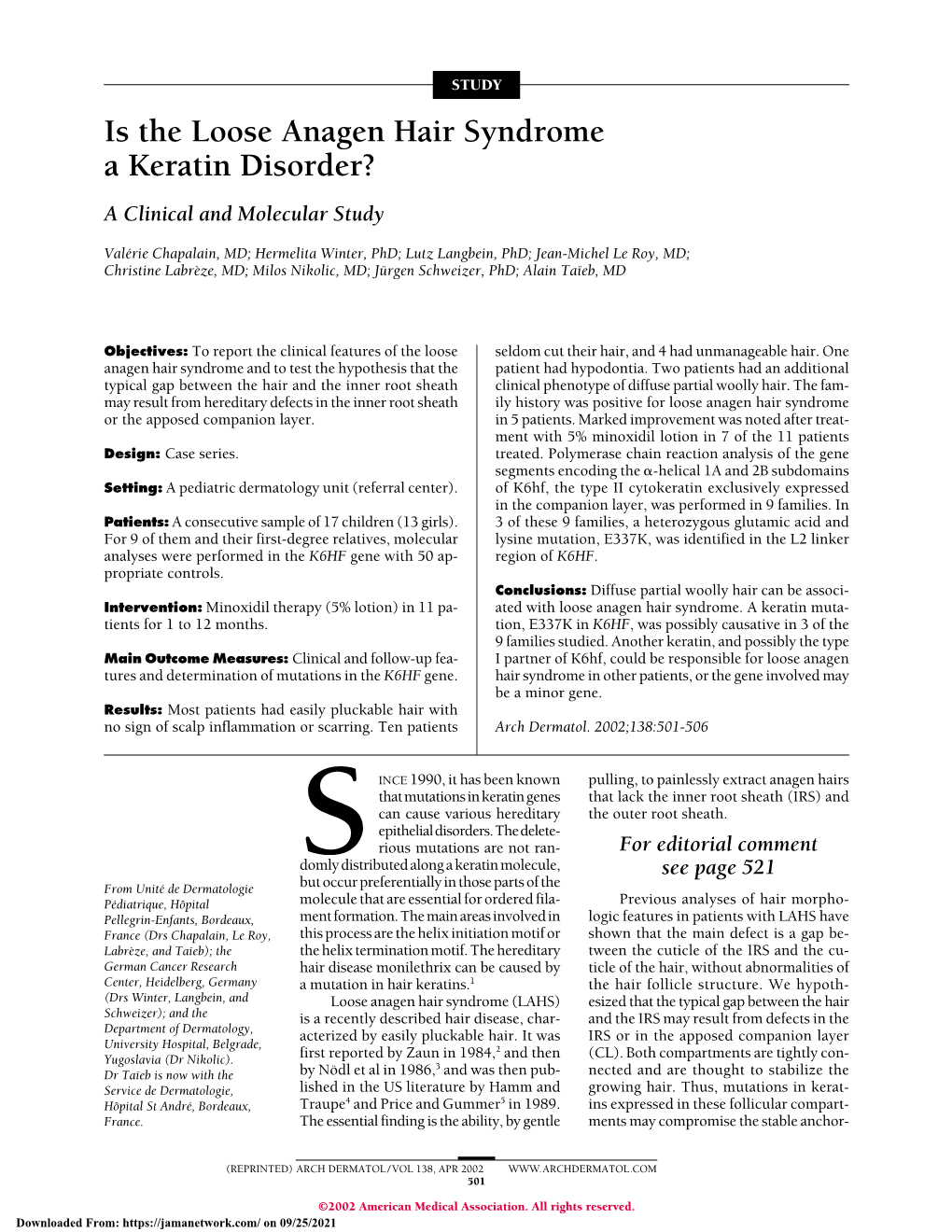 Is the Loose Anagen Hair Syndrome a Keratin Disorder? a Clinical and Molecular Study