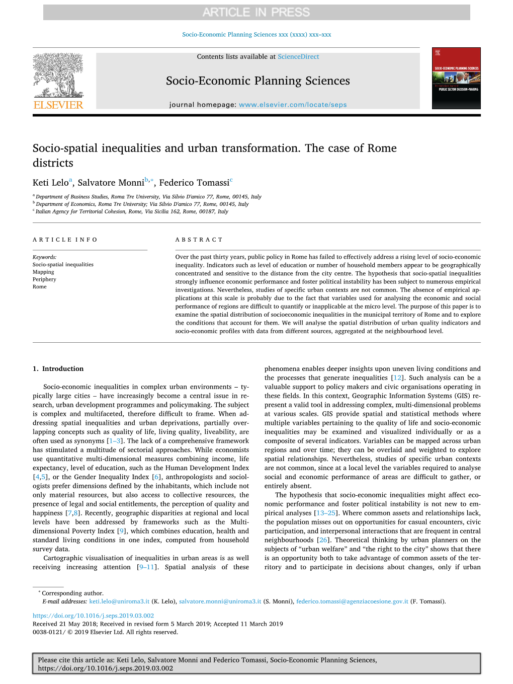 Socio-Spatial Inequalities and Urban Transformation. the Case of Rome