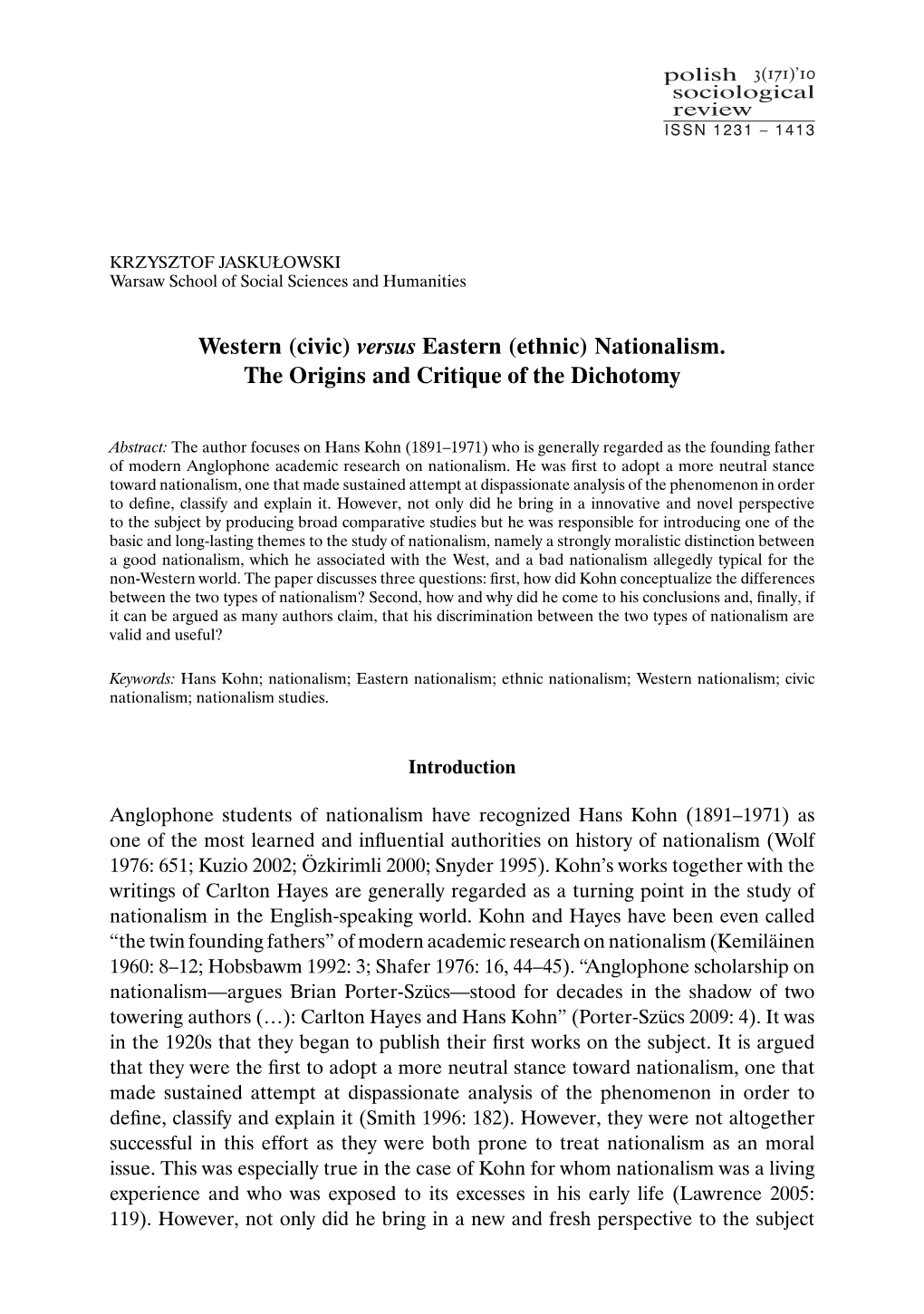 (Ethnic) Nationalism. the Origins and Critique of the Dichotomy