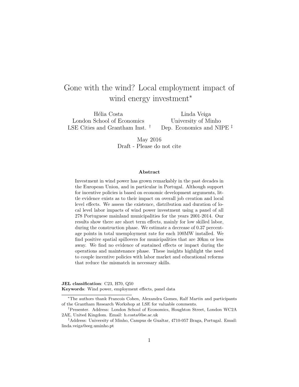 Gone with the Wind? Local Employment Impact of Wind Energy Investment∗