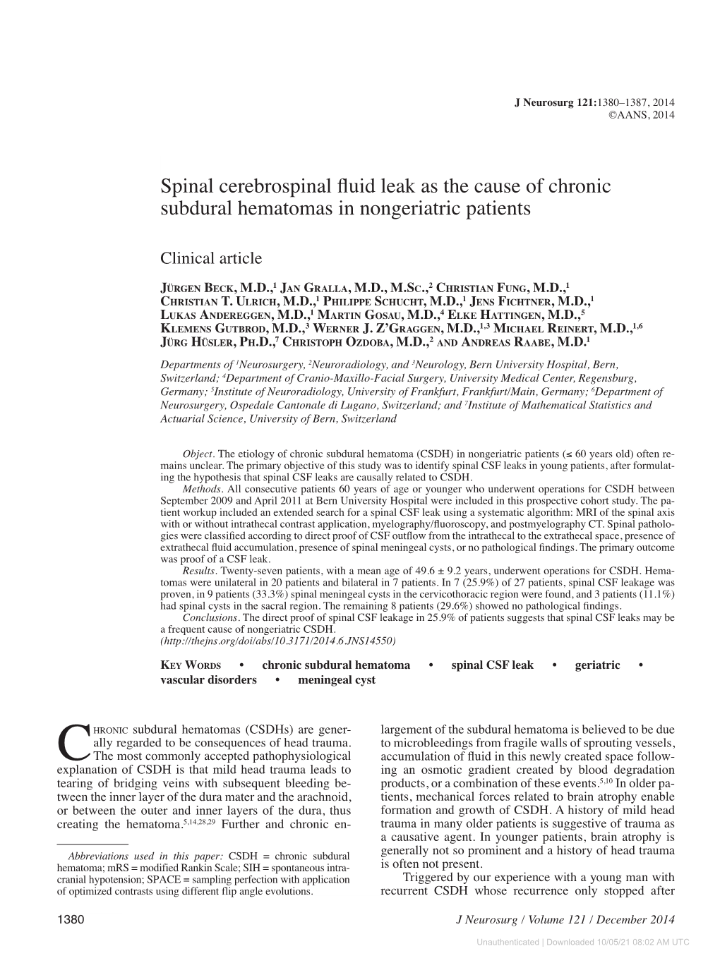 Spinal Cerebrospinal Fluid Leak As the Cause of Chronic Subdural Hematomas in Nongeriatric Patients