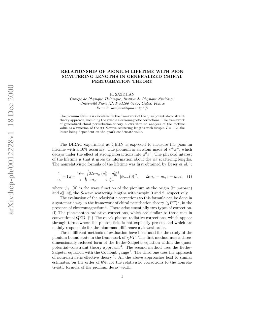 Relationship of Pionium Lifetime with Pion Scattering Lengths In