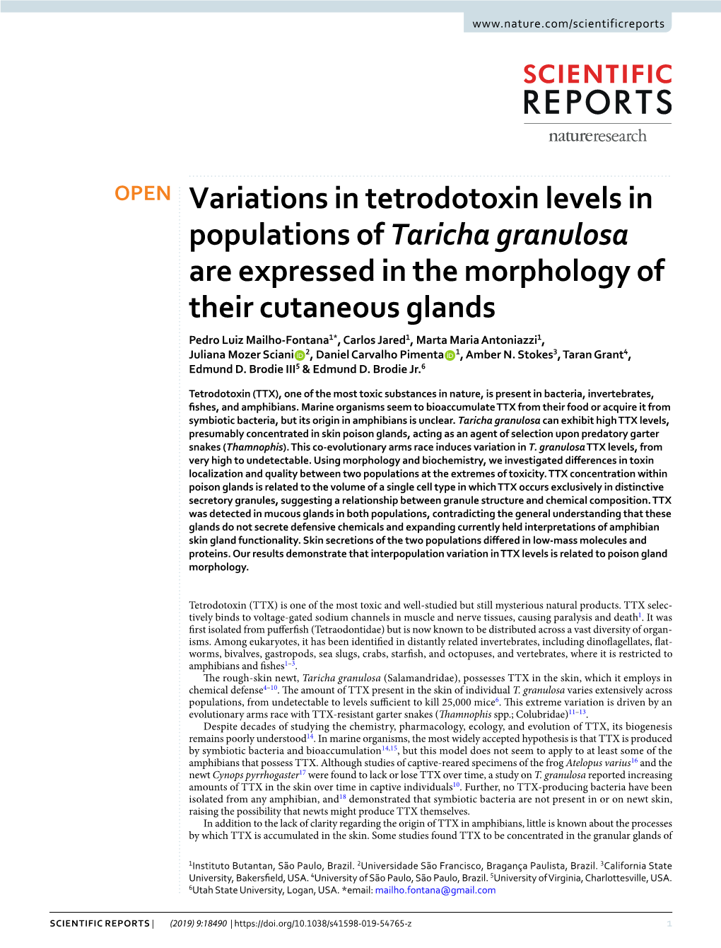 Variations in Tetrodotoxin Levels in Populations of Taricha Granulosa