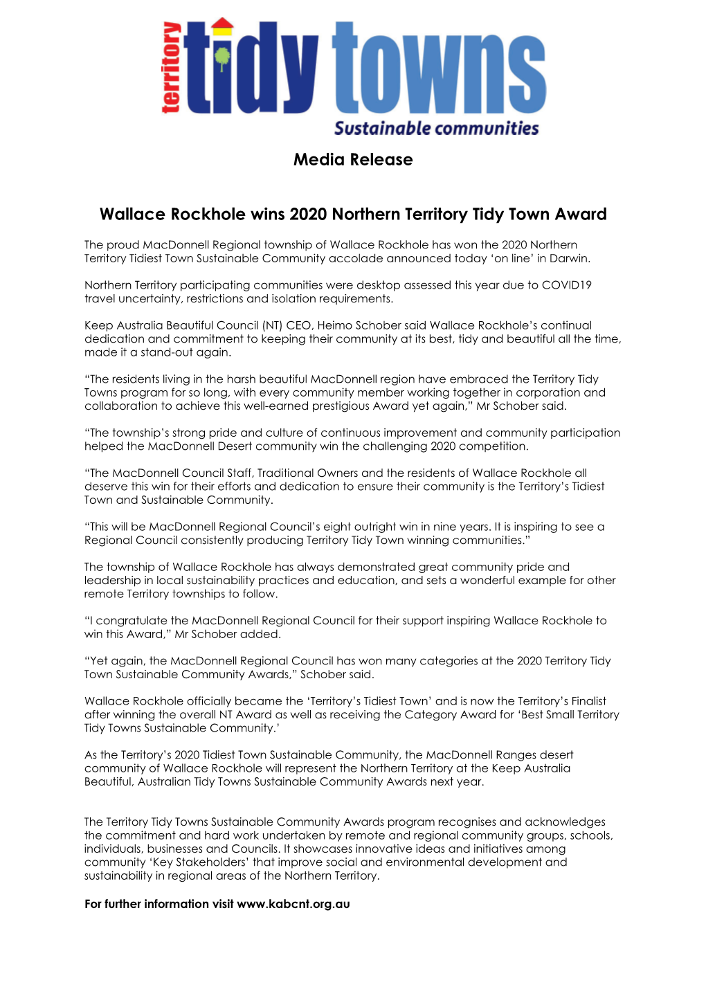 Media Release Wallace Rockhole Wins 2020 Northern Territory Tidy