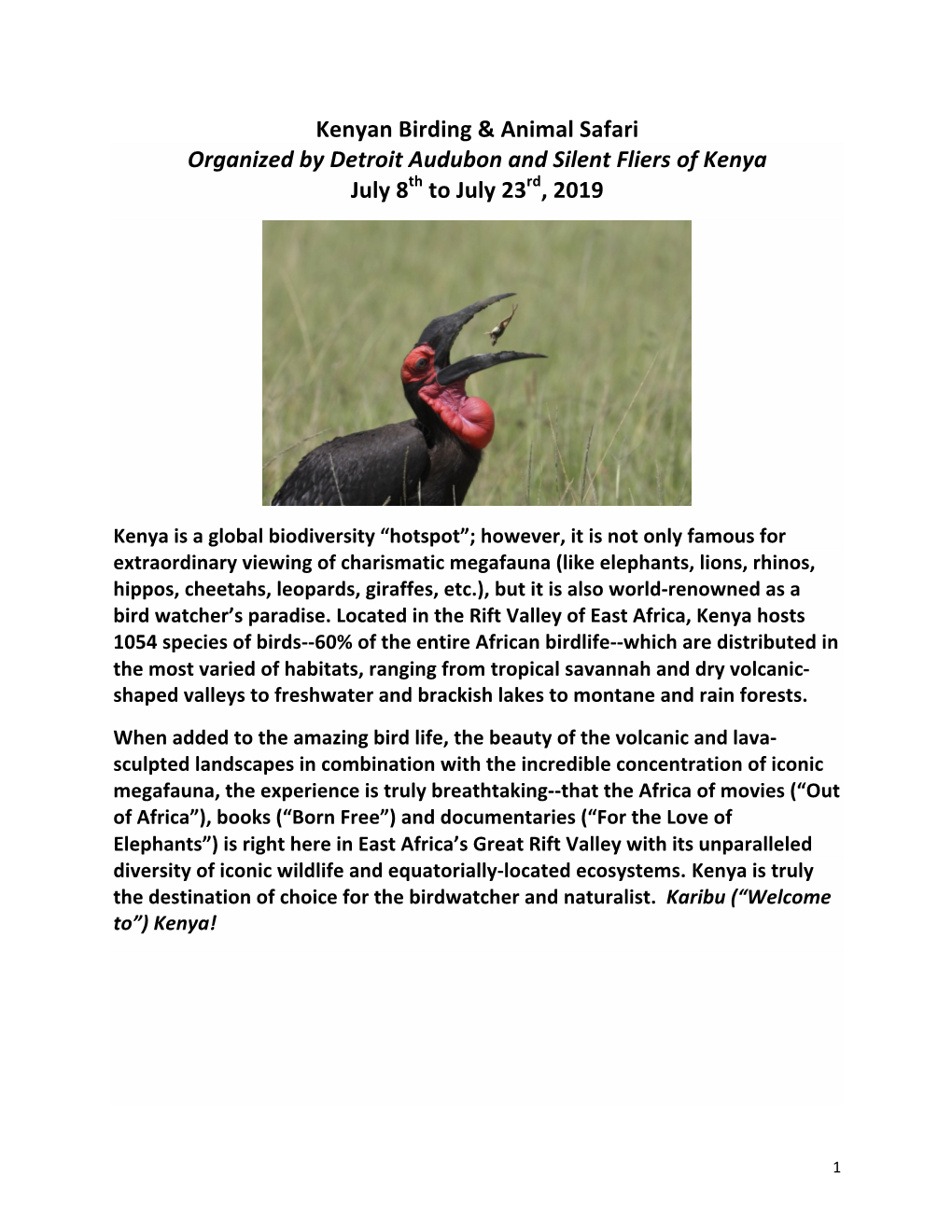 Kenyan Birding & Animal Safari Organized by Detroit Audubon and Silent Fliers of Kenya July 8Th to July 23Rd, 2019