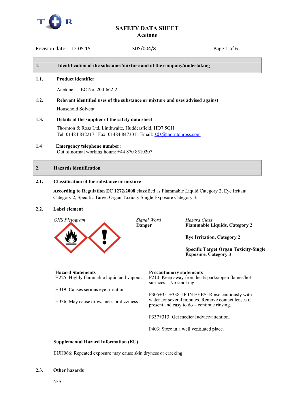 SAFETY DATA SHEET Acetone