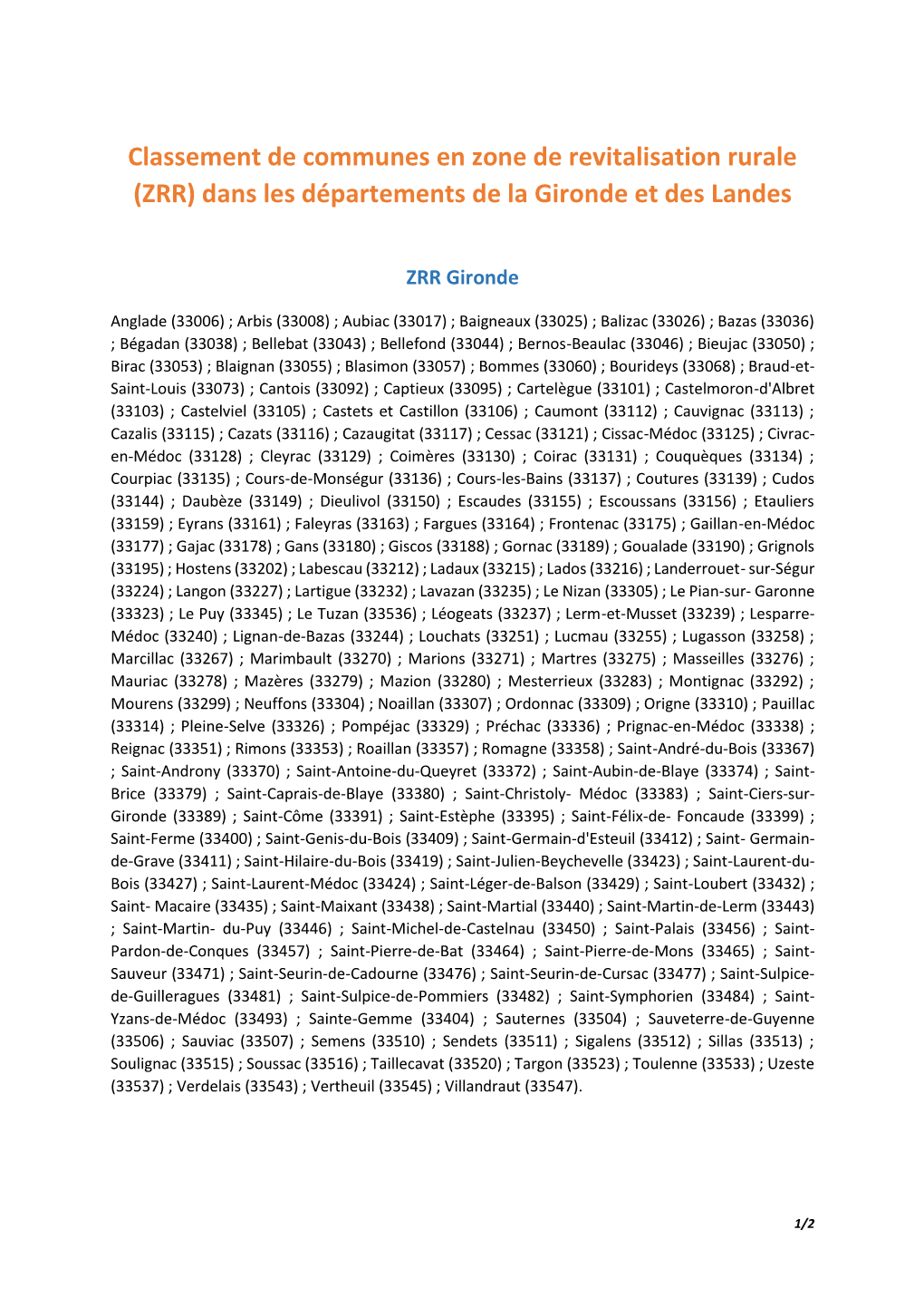 Classement De Communes En Zone De Revitalisation Rurale (ZRR) Dans Les Départements De La Gironde Et Des Landes