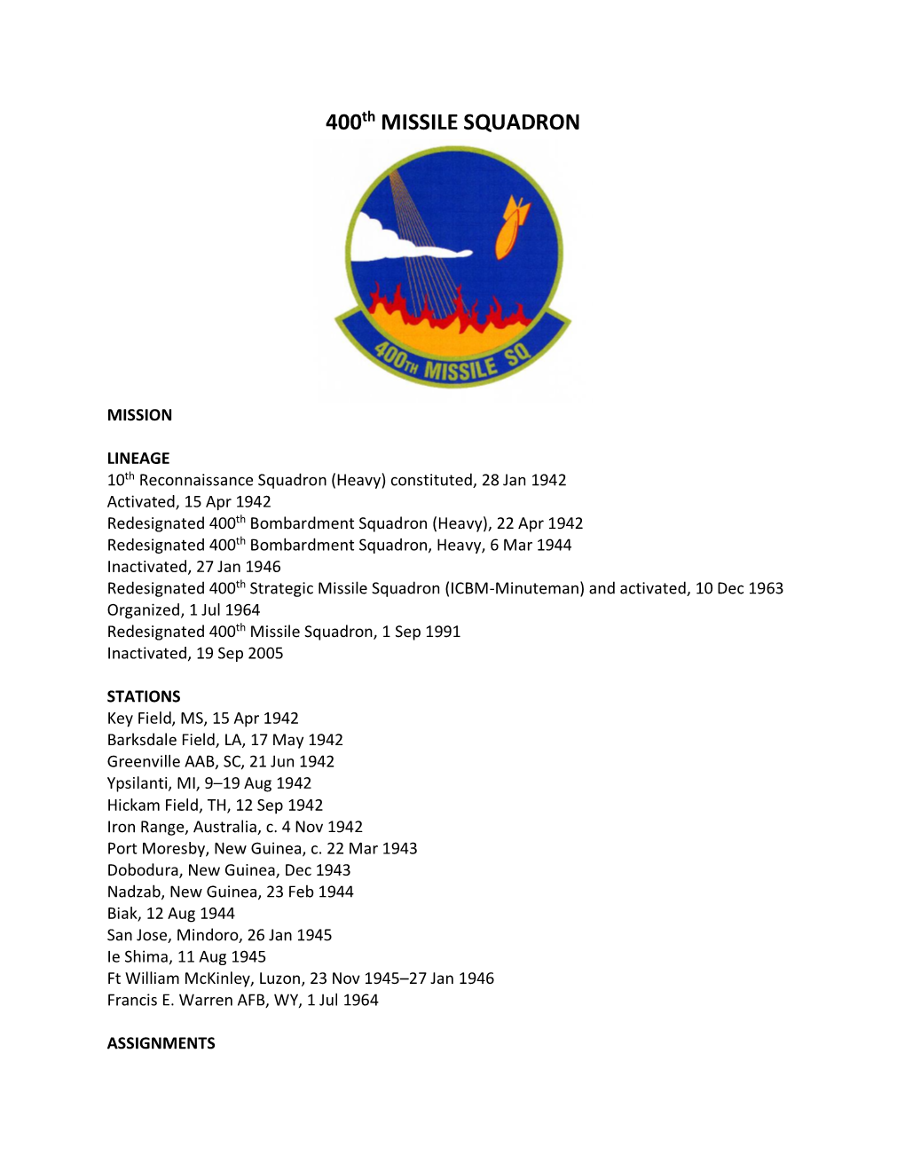 400Th MISSILE SQUADRON