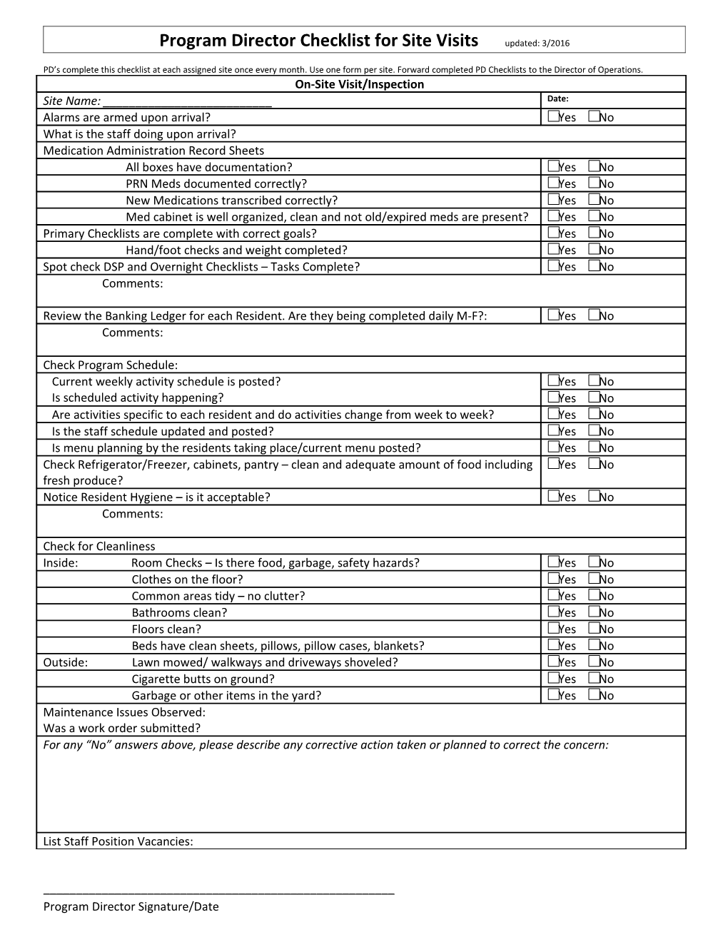 Program Director Checklist for Site Visits Updated: 3/2016