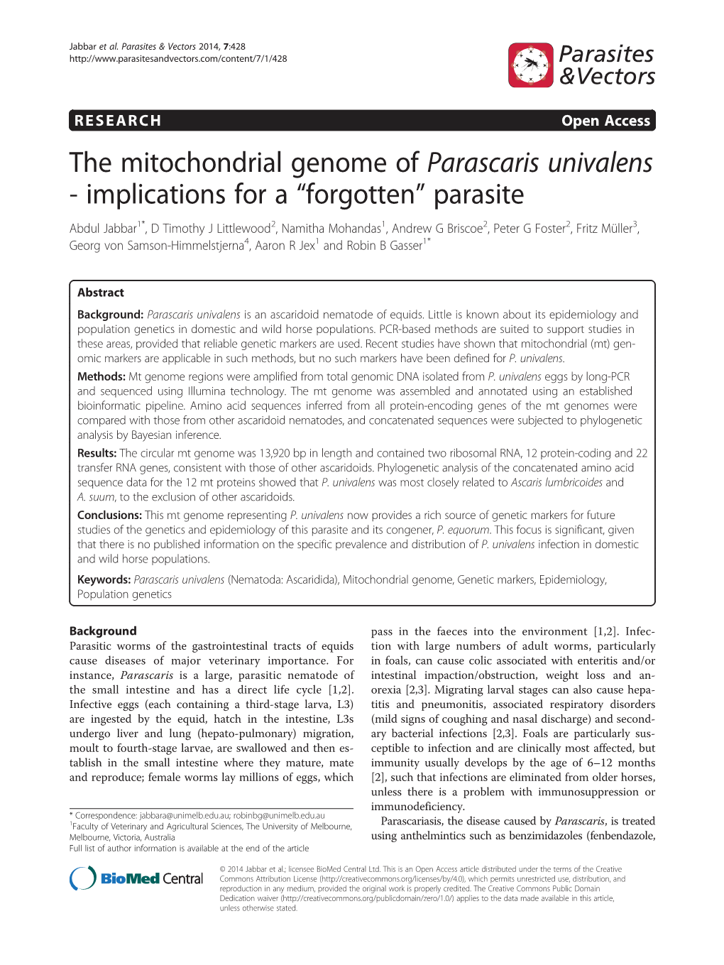 The Mitochondrial Genome of Parascaris Univalens