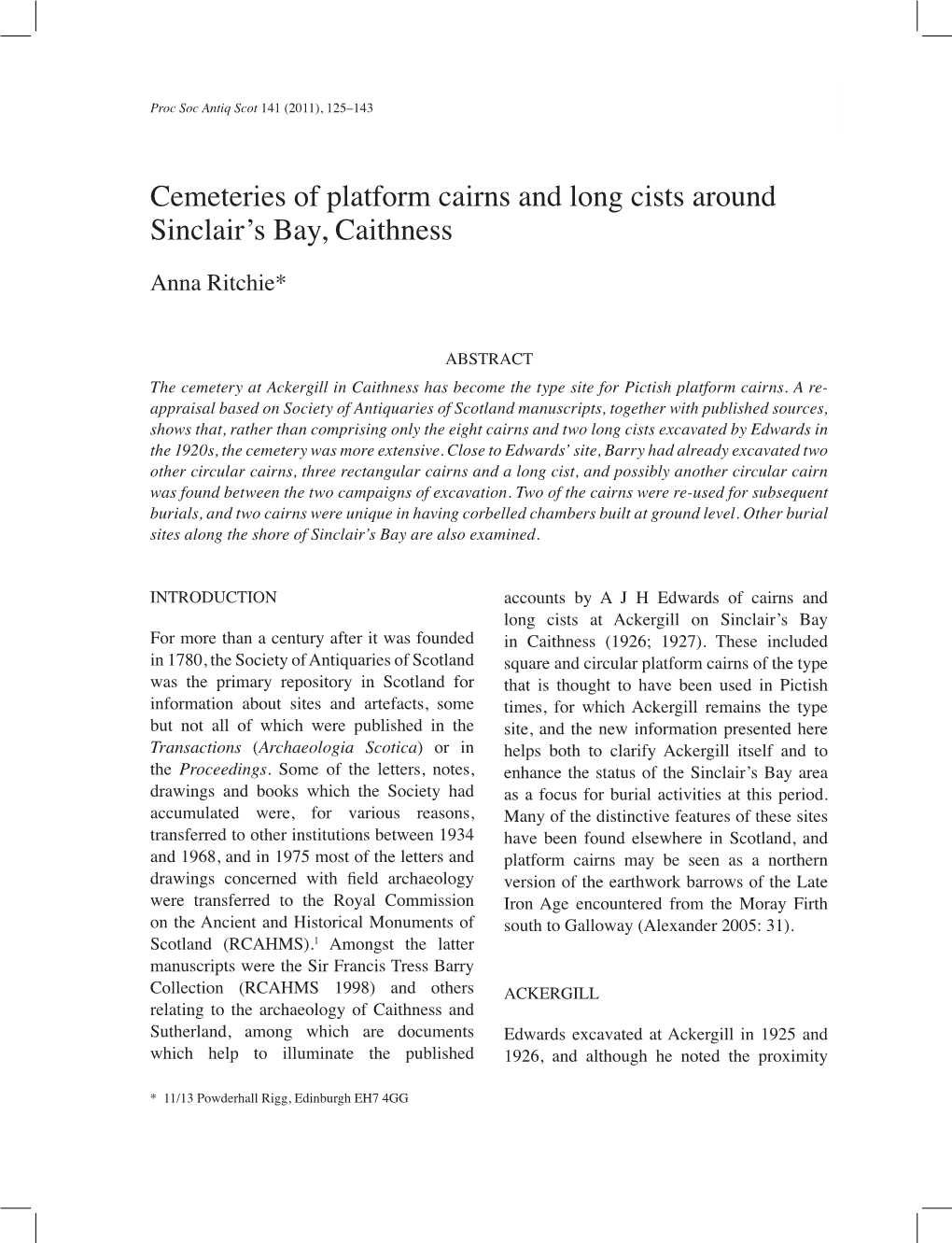 Cemeteries of Platform Cairns and Long Cists Around Sinclair's Bay