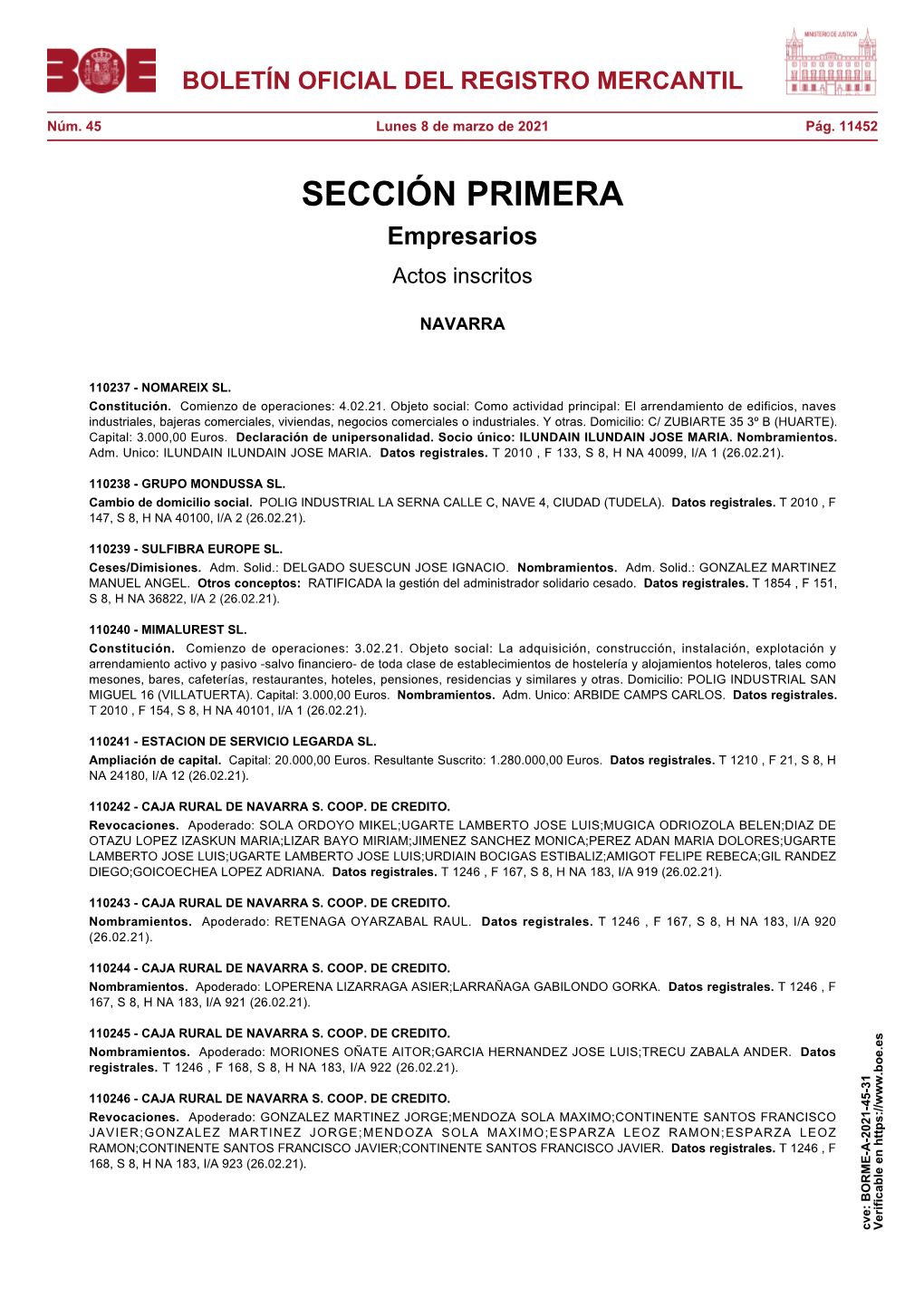 Actos De NAVARRA Del BORME Núm. 45 De 2021