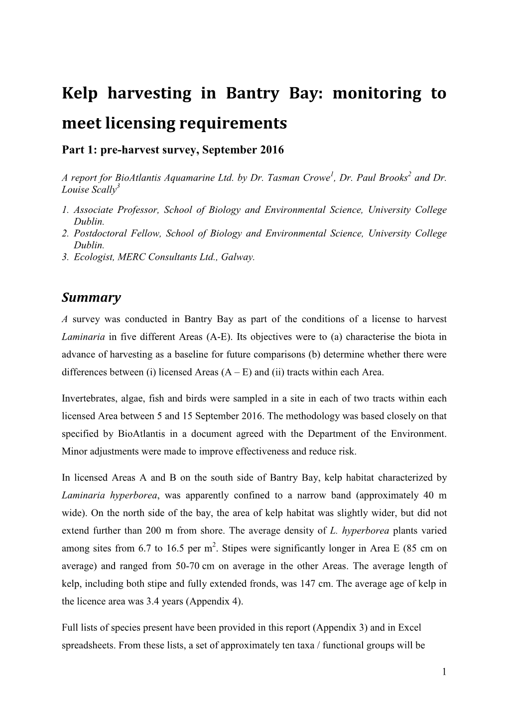 Kelp Harvesting in Bantry Bay: Monitoring to Meet Licensing Requirements Part 1: Pre-Harvest Survey, September 2016