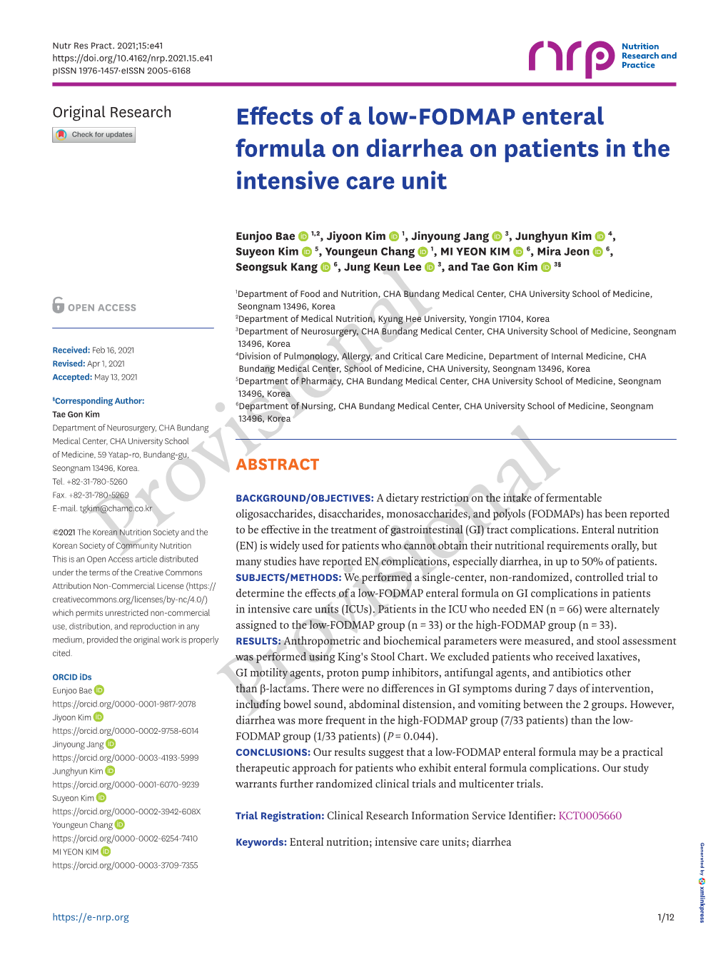 Effects of a Low-FODMAP Enteral Formula on Diarrhea on Patients in the Intensive Care Unit