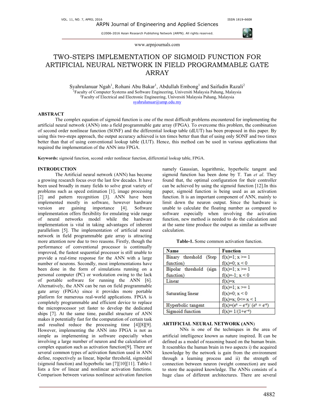 Two-Steps Implementation of Sigmoid Function for Artificial Neural Network in Field Programmable Gate Array