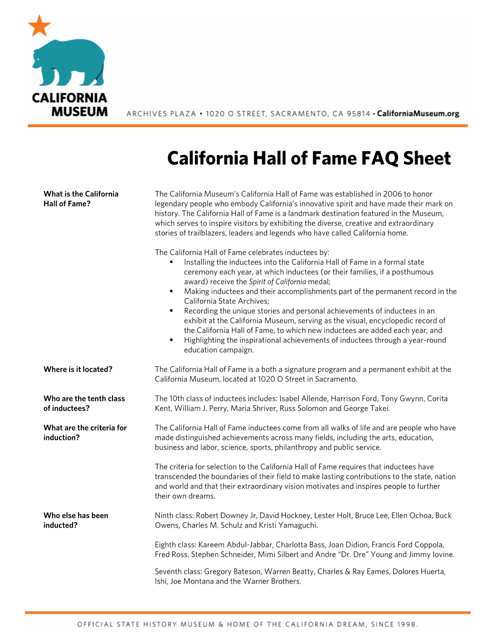 California Hall of Fame FAQ Sheet 2016