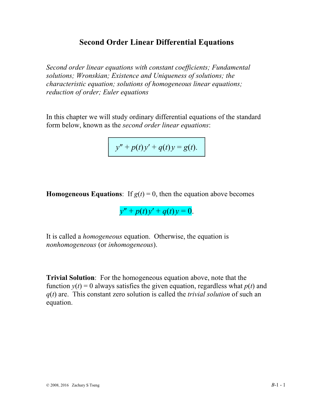 Second Order Linear Differential Equations Y