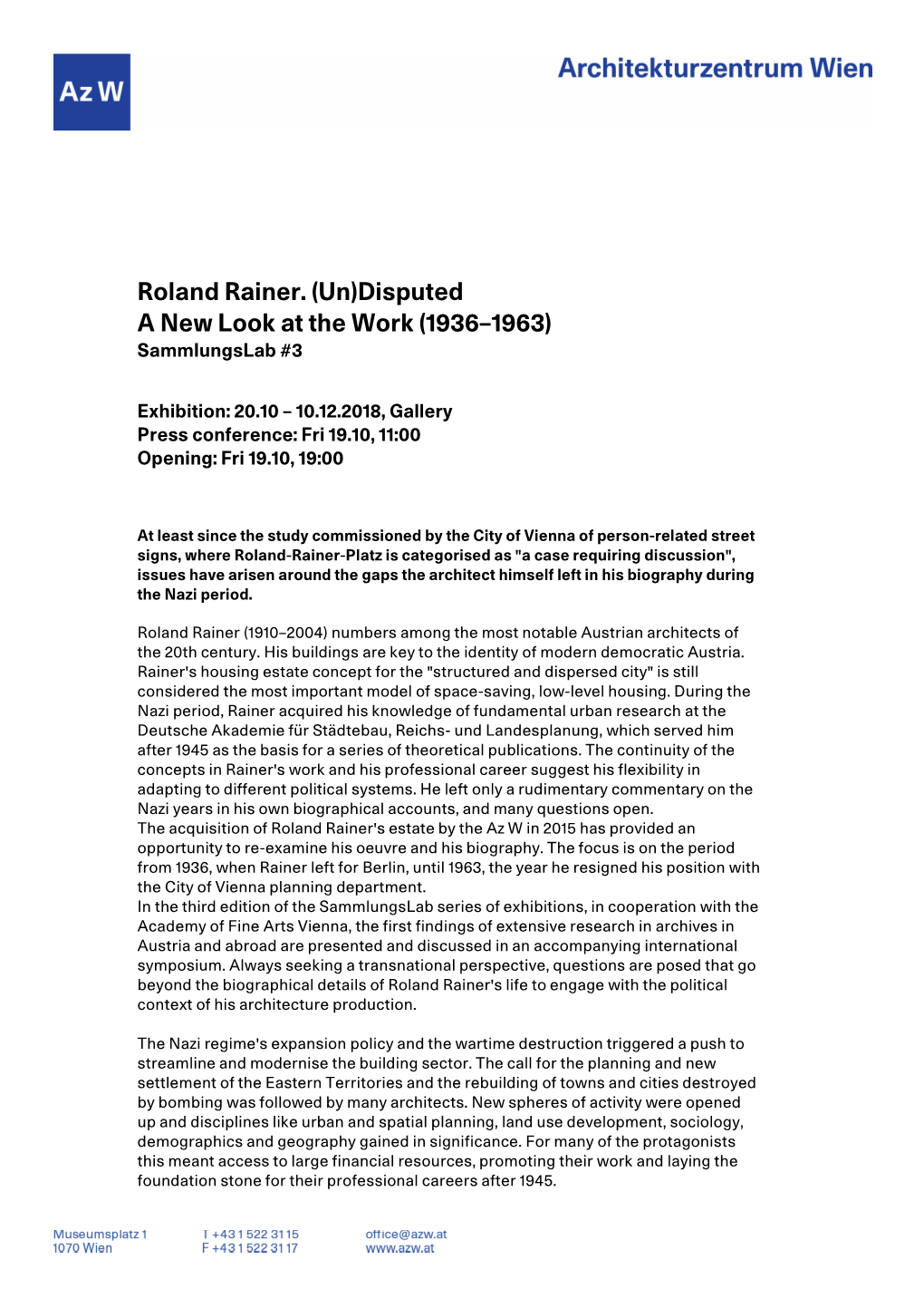 Roland Rainer. (Un)Disputed a New Look at the Work (1936–1963) Sammlungslab #3