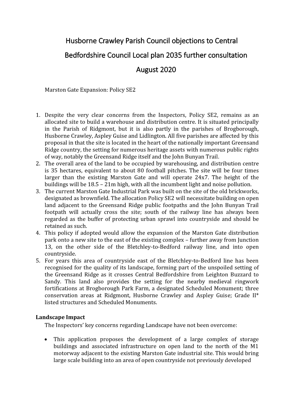 Husborne Crawley Parish Council Objections to Central Bedfordshire Council Local Plan 2035 Further Consultation August 2020