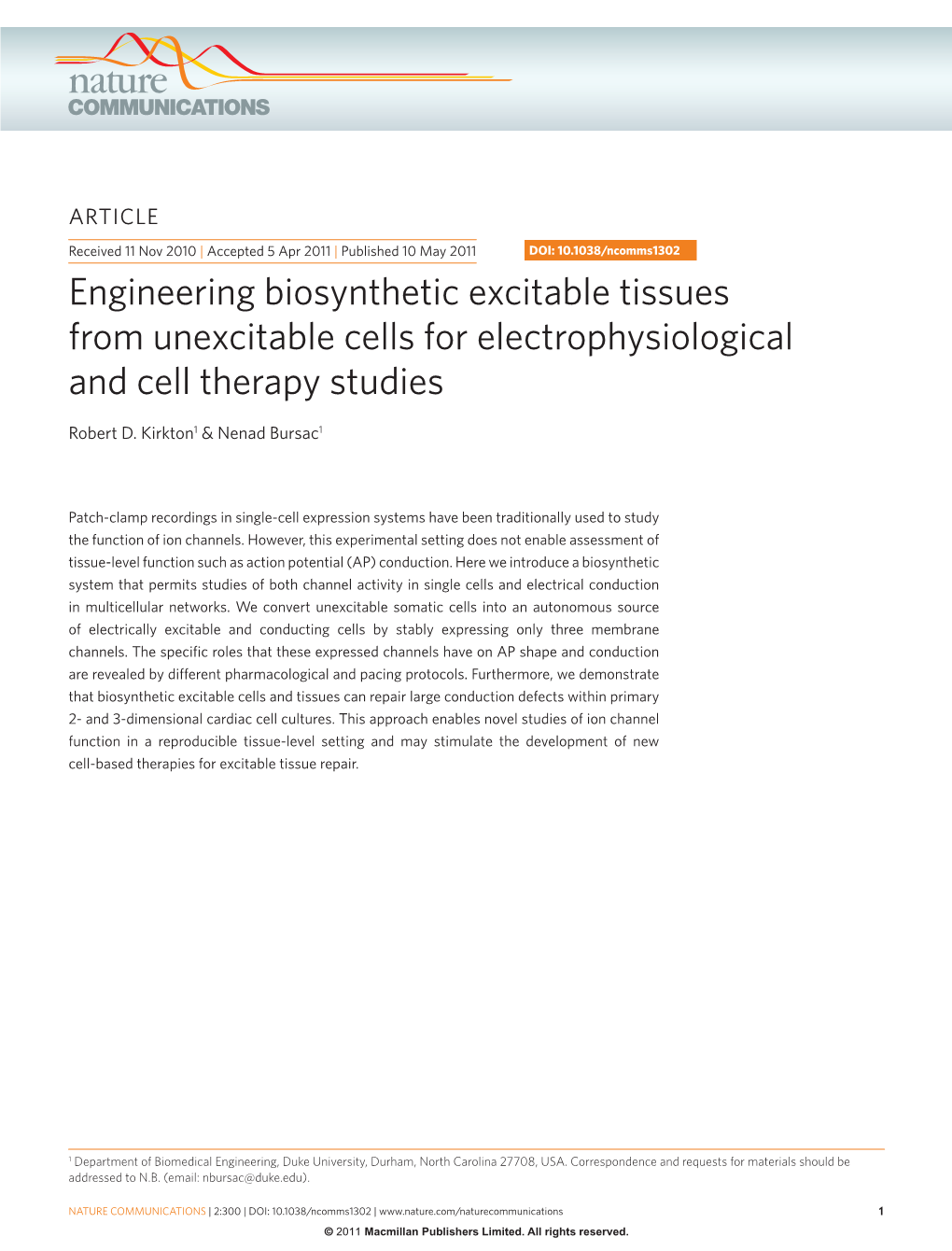 Engineering Biosynthetic Excitable Tissues from Unexcitable Cells for Electrophysiological and Cell Therapy Studies