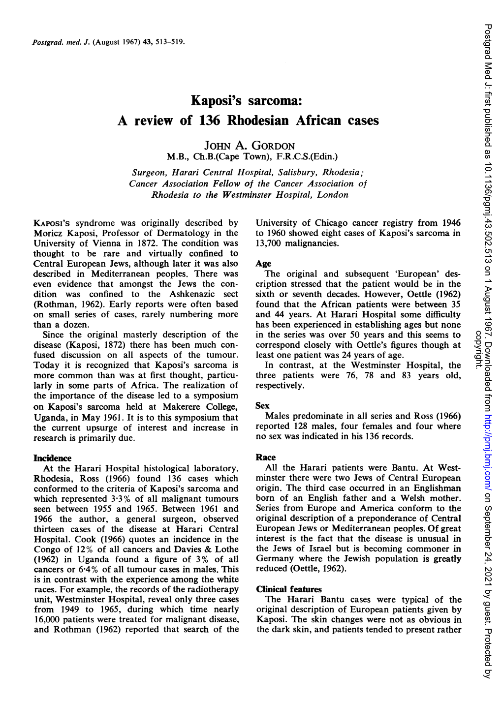 Kaposi's Sarcoma: a Review of 136 Rhodesian African Cases John A