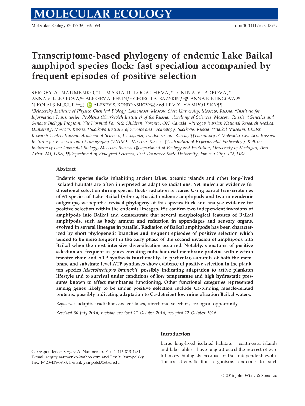 Based Phylogeny of Endemic Lake Baikal Amphipod Species Flock