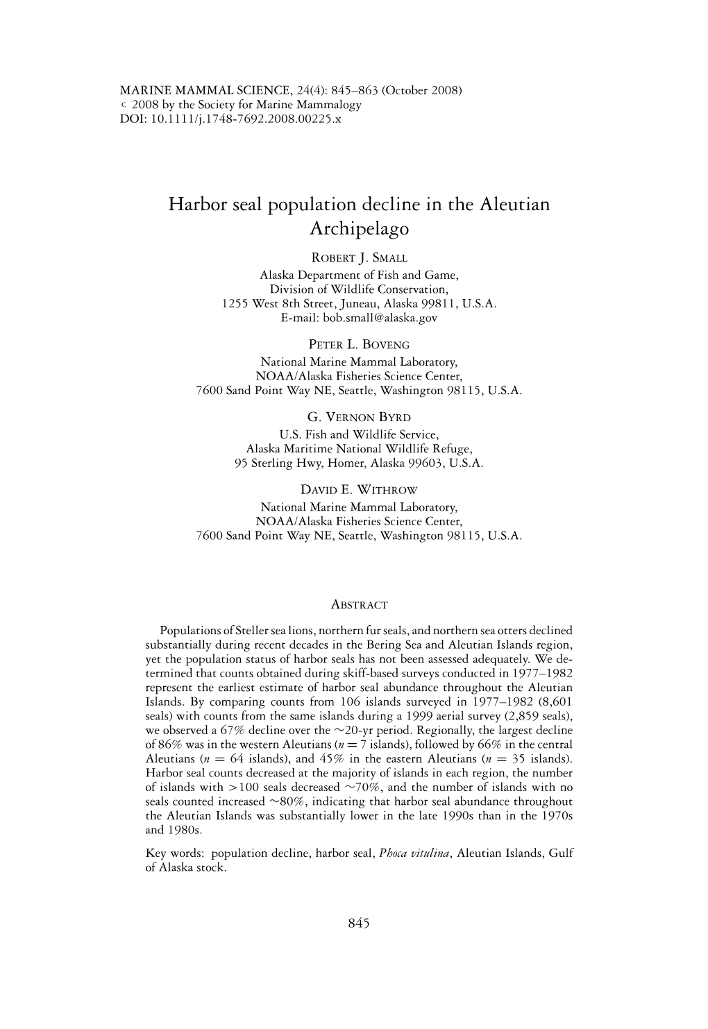 Harbor Seal Population Decline in the Aleutian Archipelago