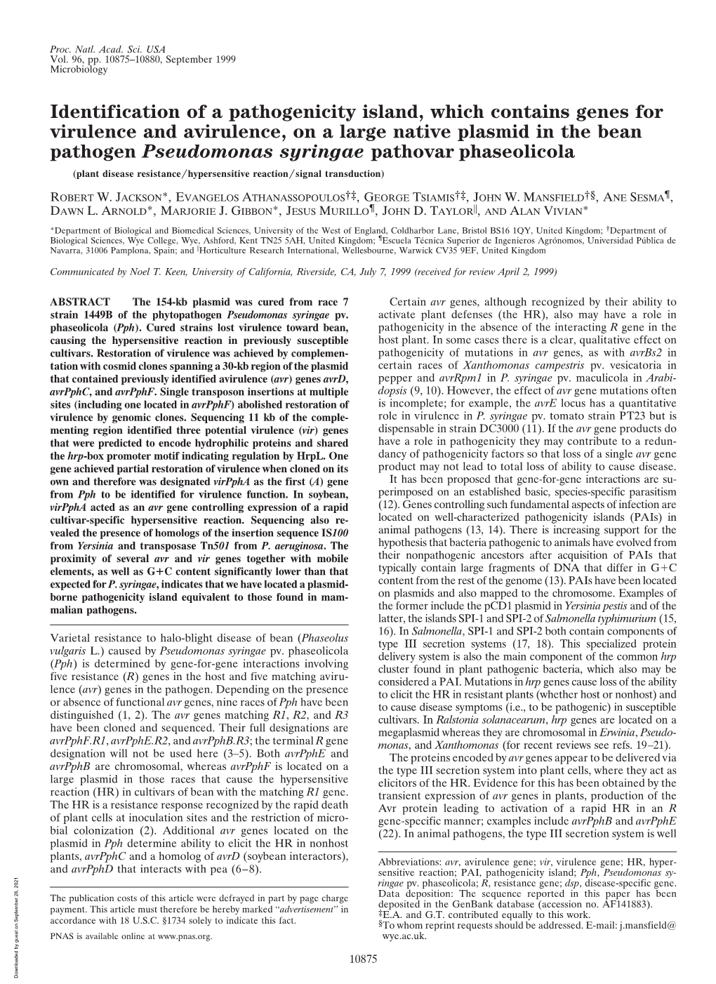 Identification of a Pathogenicity Island, Which Contains Genes For