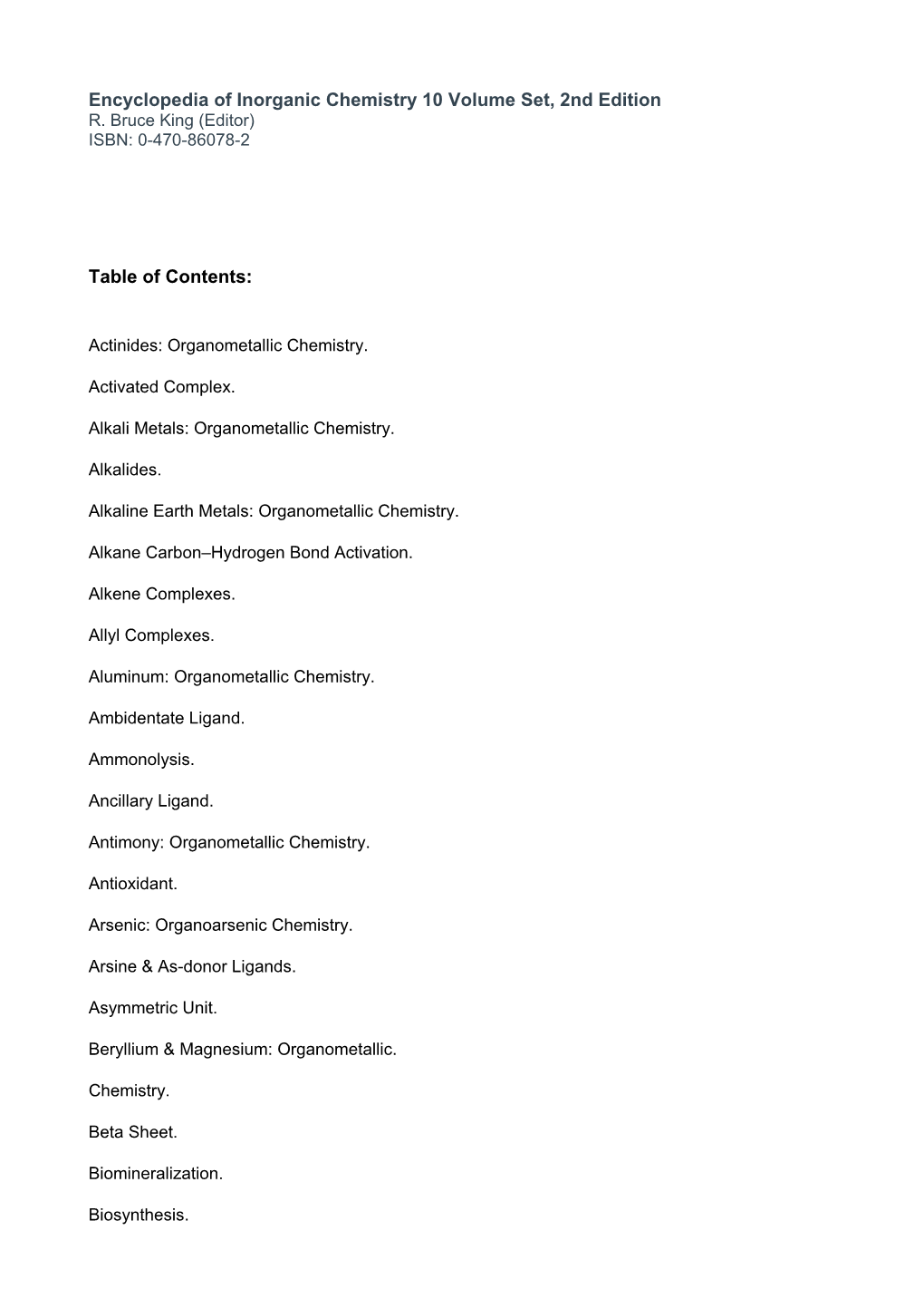 Encyclopedia of Inorganic Chemistry 10 Volume Set, 2Nd Edition R