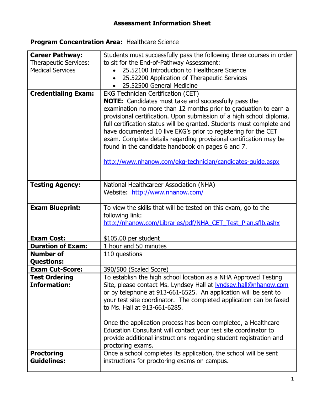 Program Concentration Area: Healthcare Science