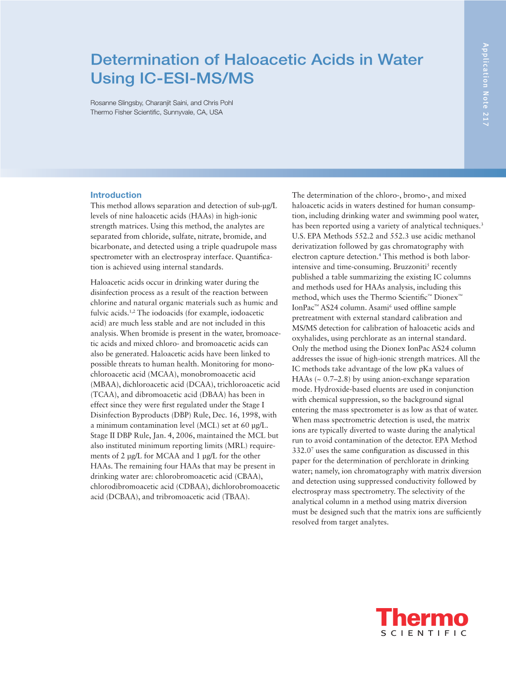 Determination of Haloacetic Acids in Water Using IC-ESI-MS/MS