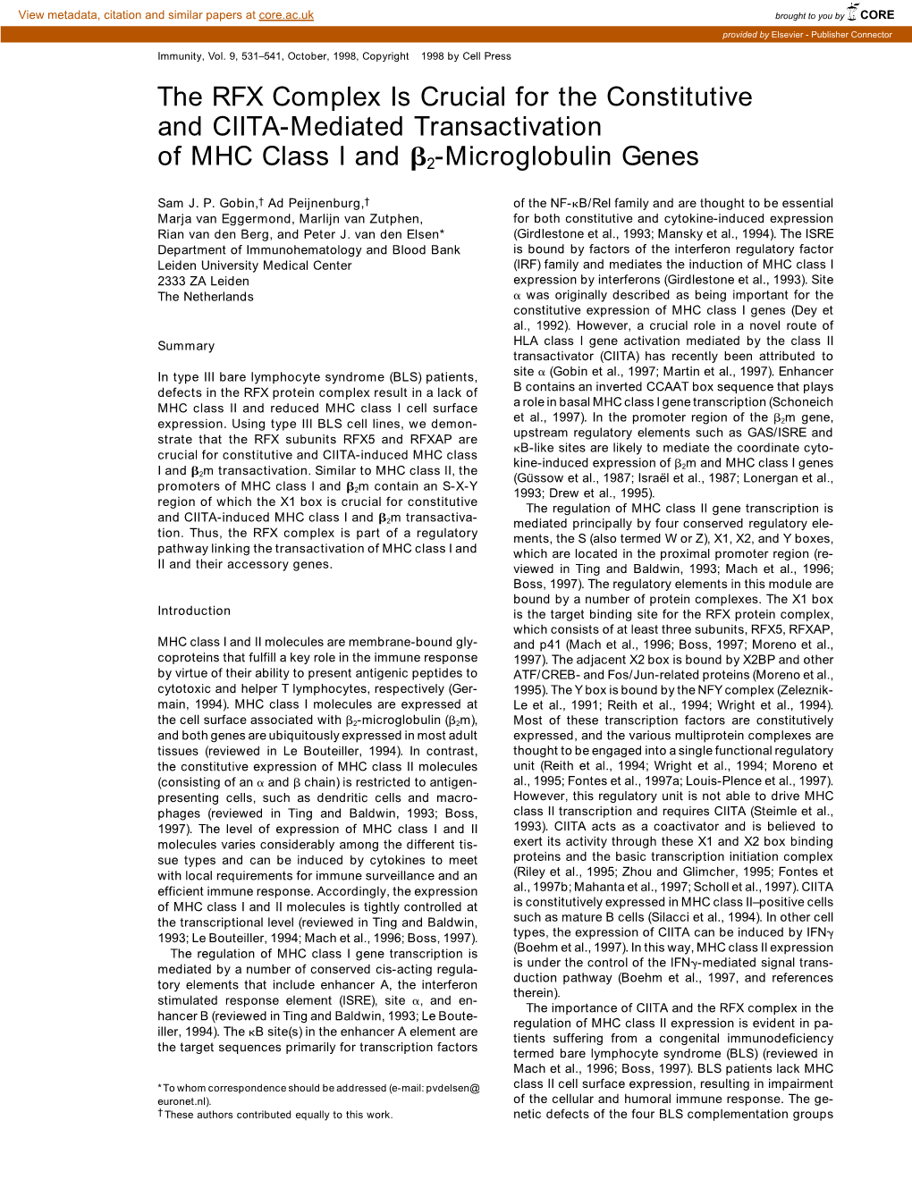 The RFX Complex Is Crucial for the Constitutive and CIITA-Mediated Transactivation of MHC Class I and ␤2-Microglobulin Genes