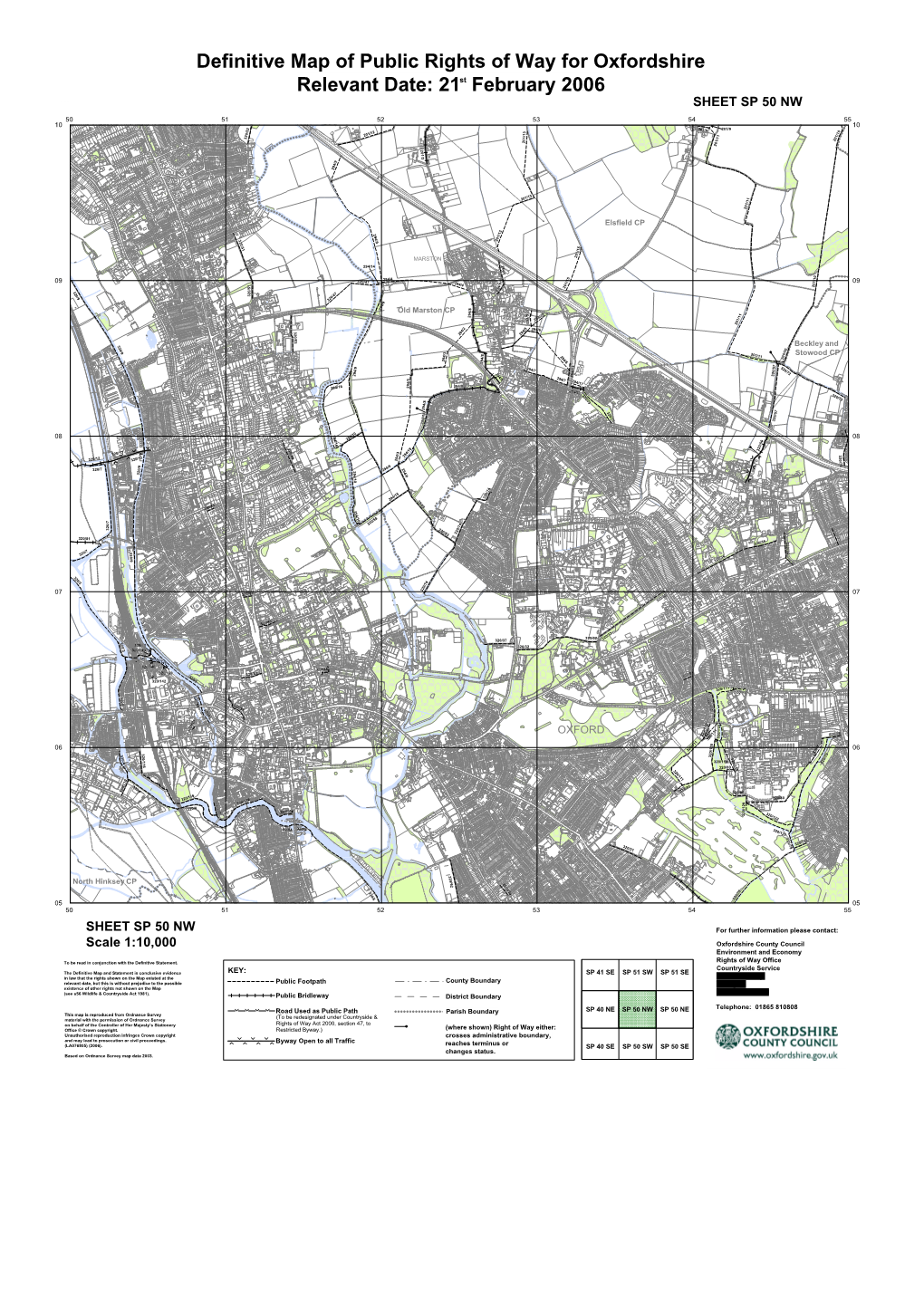 Definitive Map of Public Rights of Way for Oxfordshire Relevant Date: 21St February 2006 Colour SHEET SP 50 NW